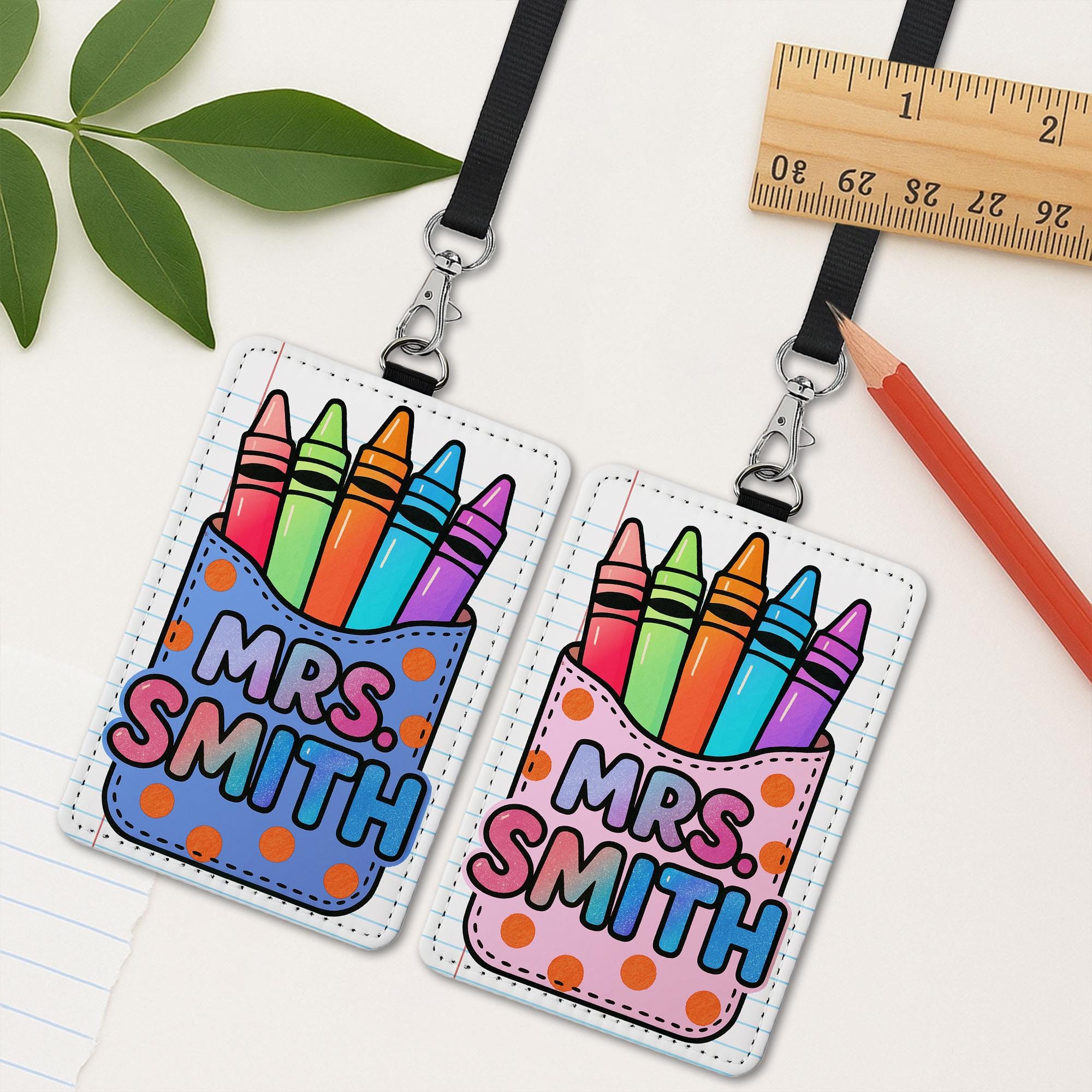 Teacher Badge Holder, Crayon Teacher ID Tag, Cute Name Badge for Classroom, Personalized Lanyard, Custom School Accessory, Cute  ID Tag