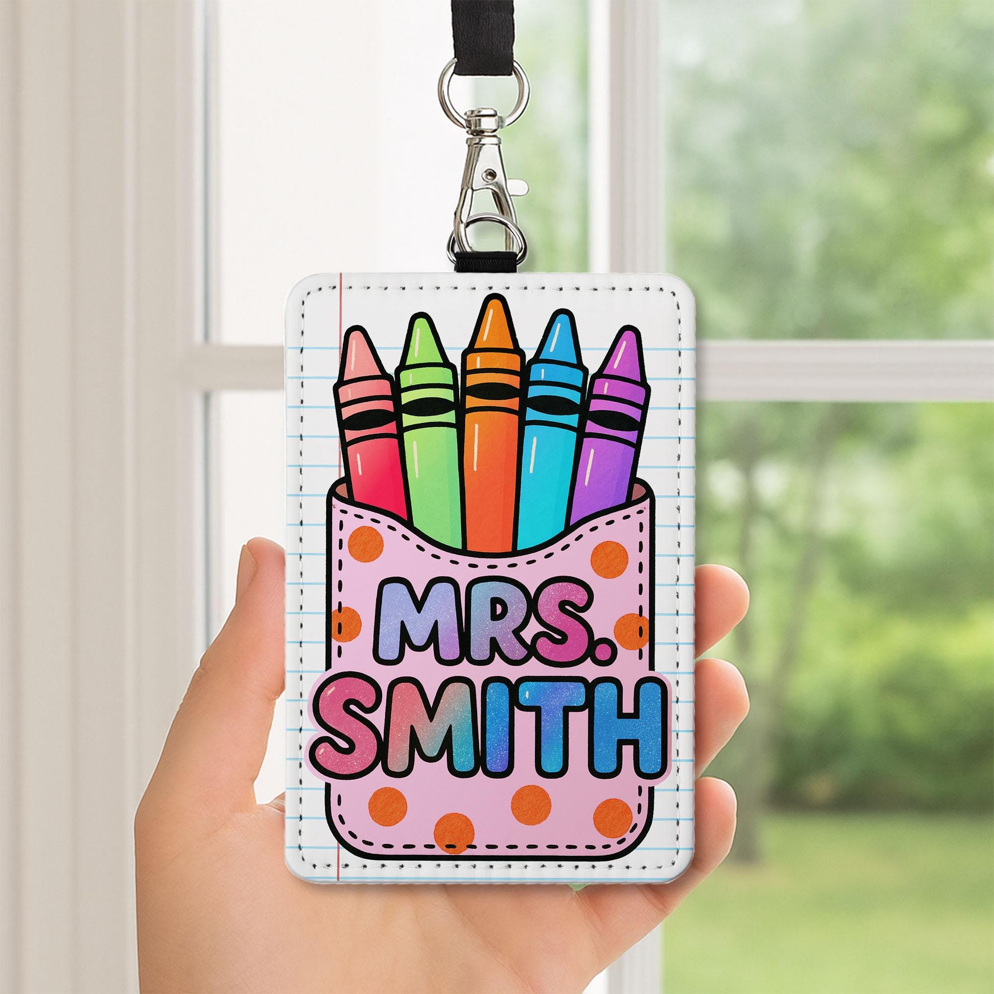 Teacher Badge Holder, Crayon Teacher ID Tag, Cute Name Badge for Classroom, Personalized Lanyard, Custom School Accessory, Cute  ID Tag