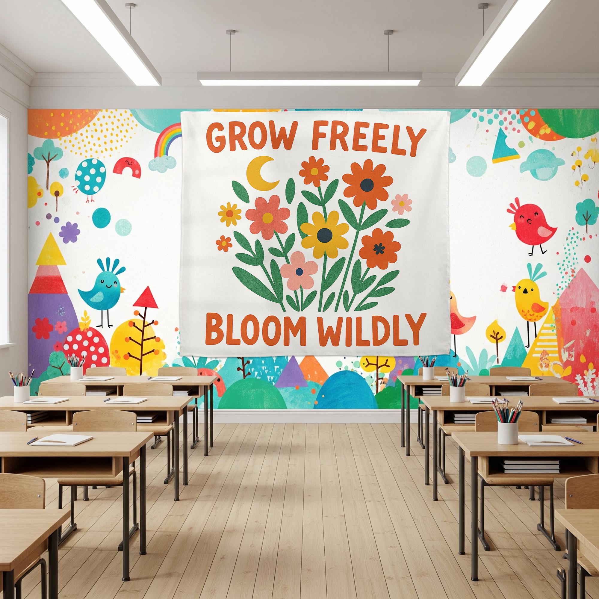 Grow Freely Bloom Wildly Wall Tapestry, Floral Boho Wall Art with Inspirational Quote for Dorm, Bedroom, Classroom, Decor, Teacher Banner