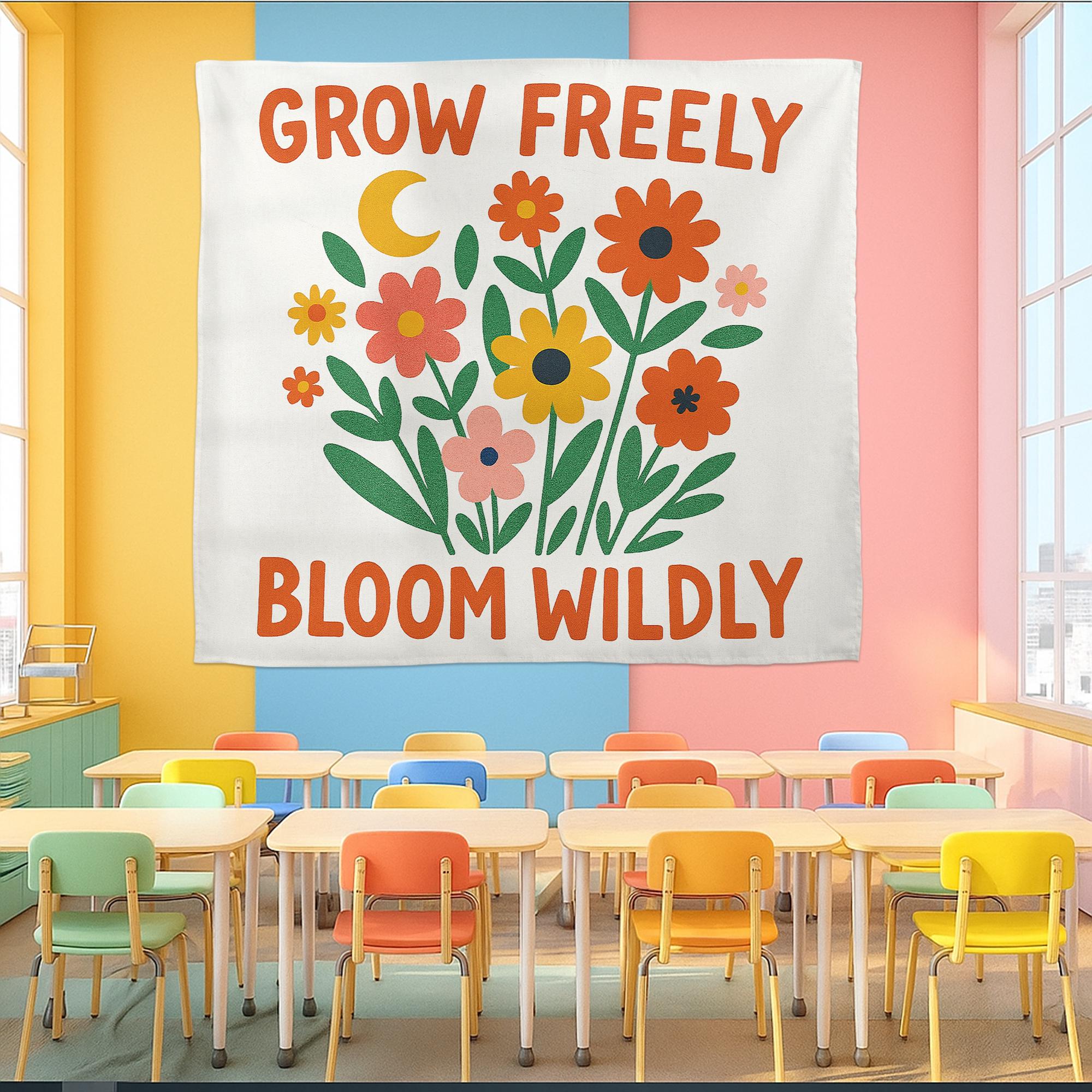 Grow Freely Bloom Wildly Wall Tapestry, Floral Boho Wall Art with Inspirational Quote for Dorm, Bedroom, Classroom, Decor, Teacher Banner