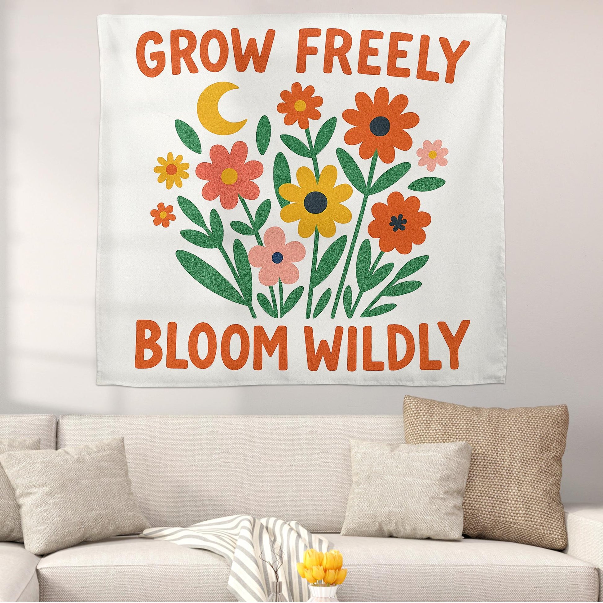 Grow Freely Bloom Wildly Wall Tapestry, Floral Boho Wall Art with Inspirational Quote for Dorm, Bedroom, Classroom, Decor, Teacher Banner