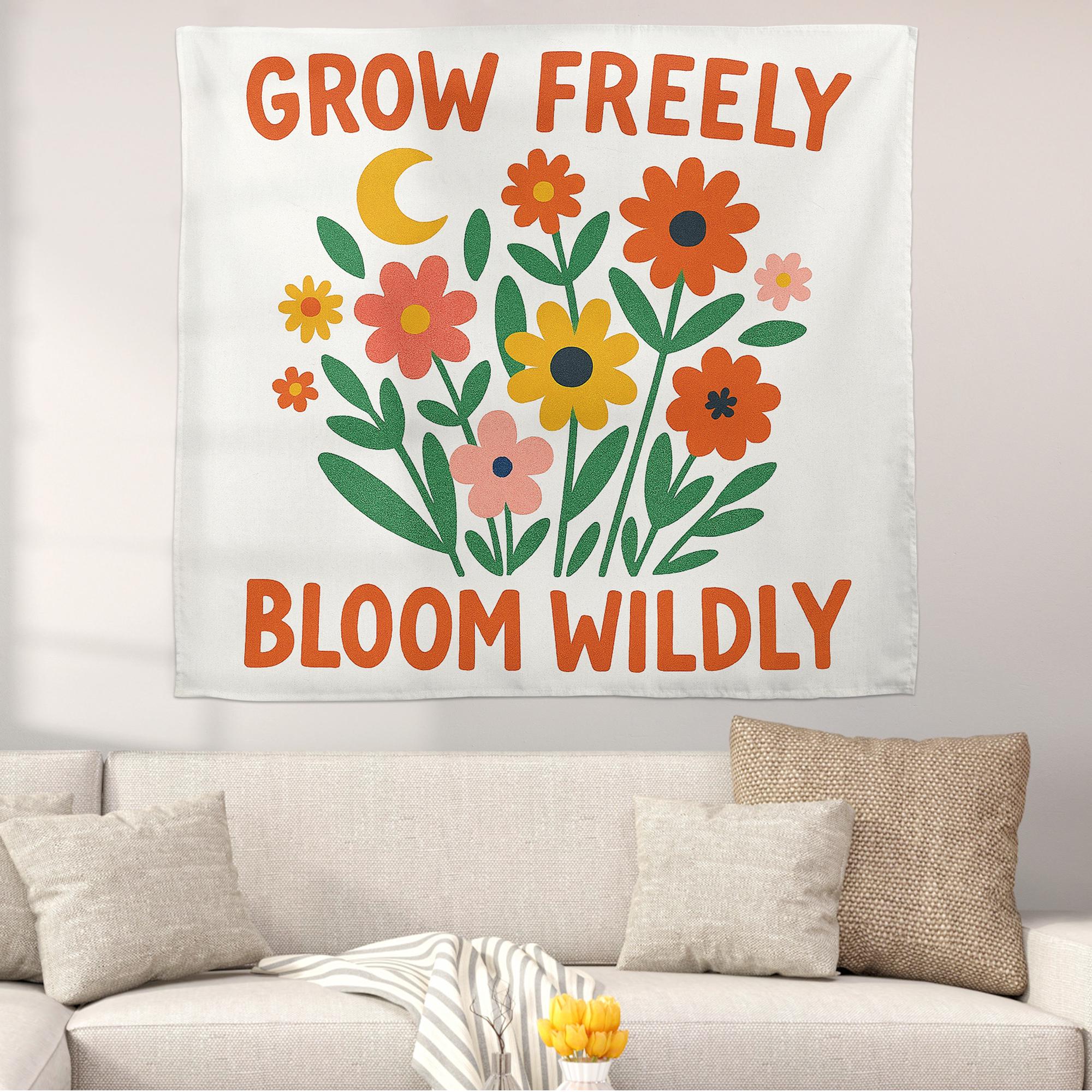 Grow Freely Bloom Wildly Wall Tapestry, Floral Boho Wall Art with Inspirational Quote for Dorm, Bedroom, Classroom, Decor, Teacher Banner