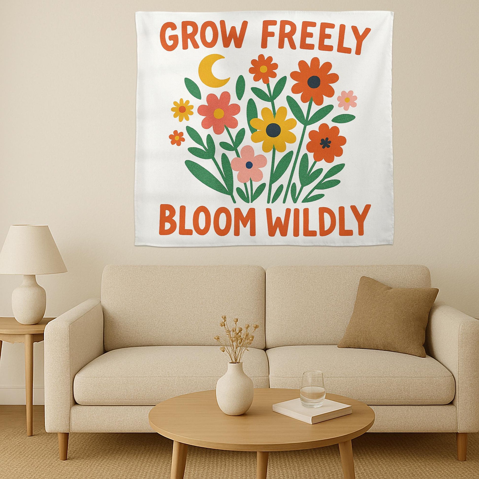 Grow Freely Bloom Wildly Wall Tapestry, Floral Boho Wall Art with Inspirational Quote for Dorm, Bedroom, Classroom, Decor, Teacher Banner