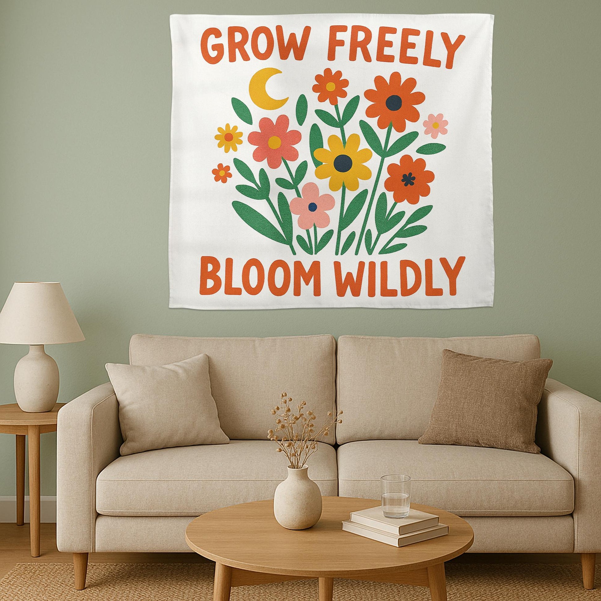 Grow Freely Bloom Wildly Wall Tapestry, Floral Boho Wall Art with Inspirational Quote for Dorm, Bedroom, Classroom, Decor, Teacher Banner