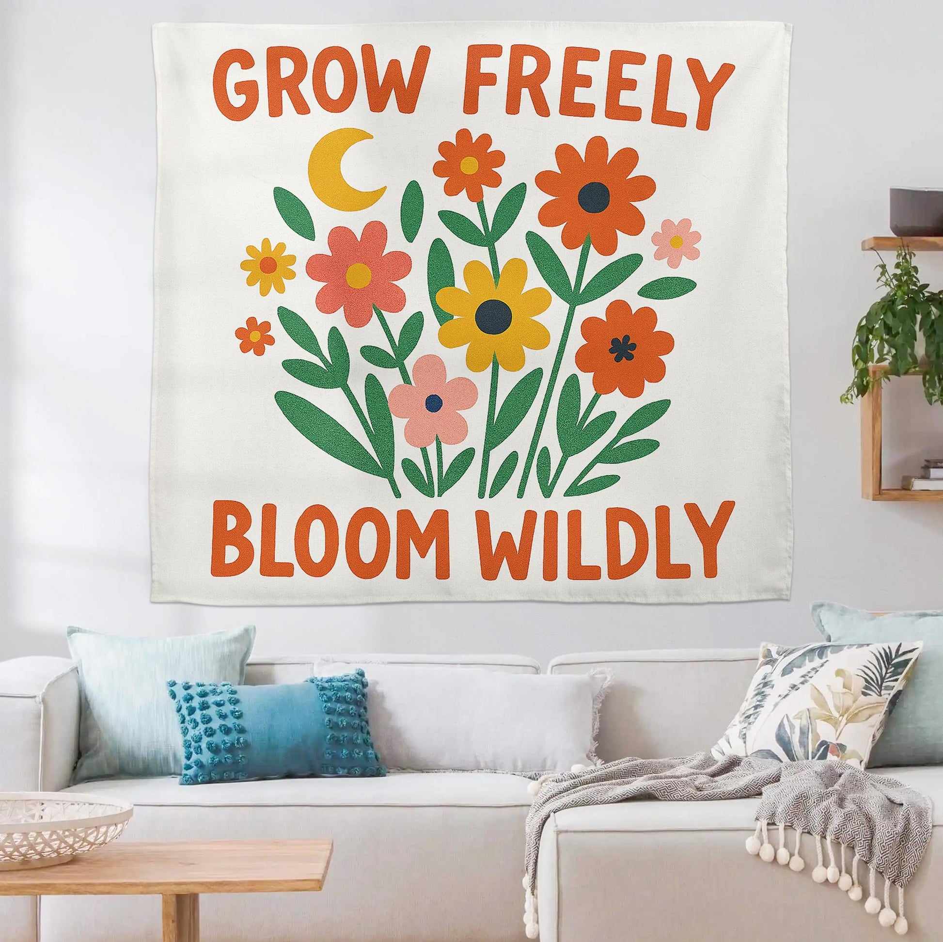 Grow Freely Bloom Wildly Wall Tapestry, Floral Boho Wall Art with Inspirational Quote for Dorm, Bedroom, Classroom, Decor, Teacher Banner