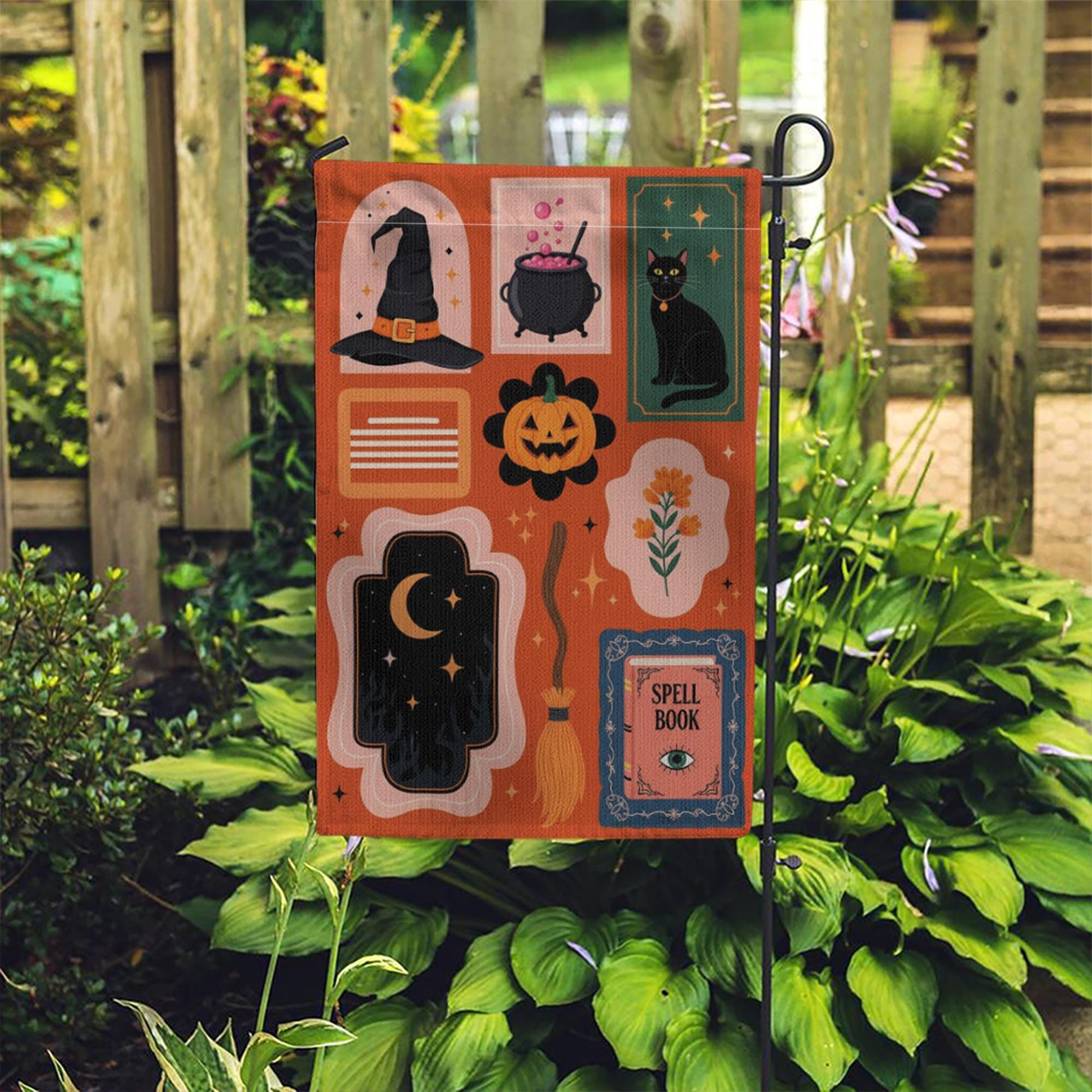 Halloween Garden Flag - Witchy Outdoor Yard Banner - Spooky Fall Porch Decor - Black Cat & Spell Book Sign - Trick or Treat Welcome