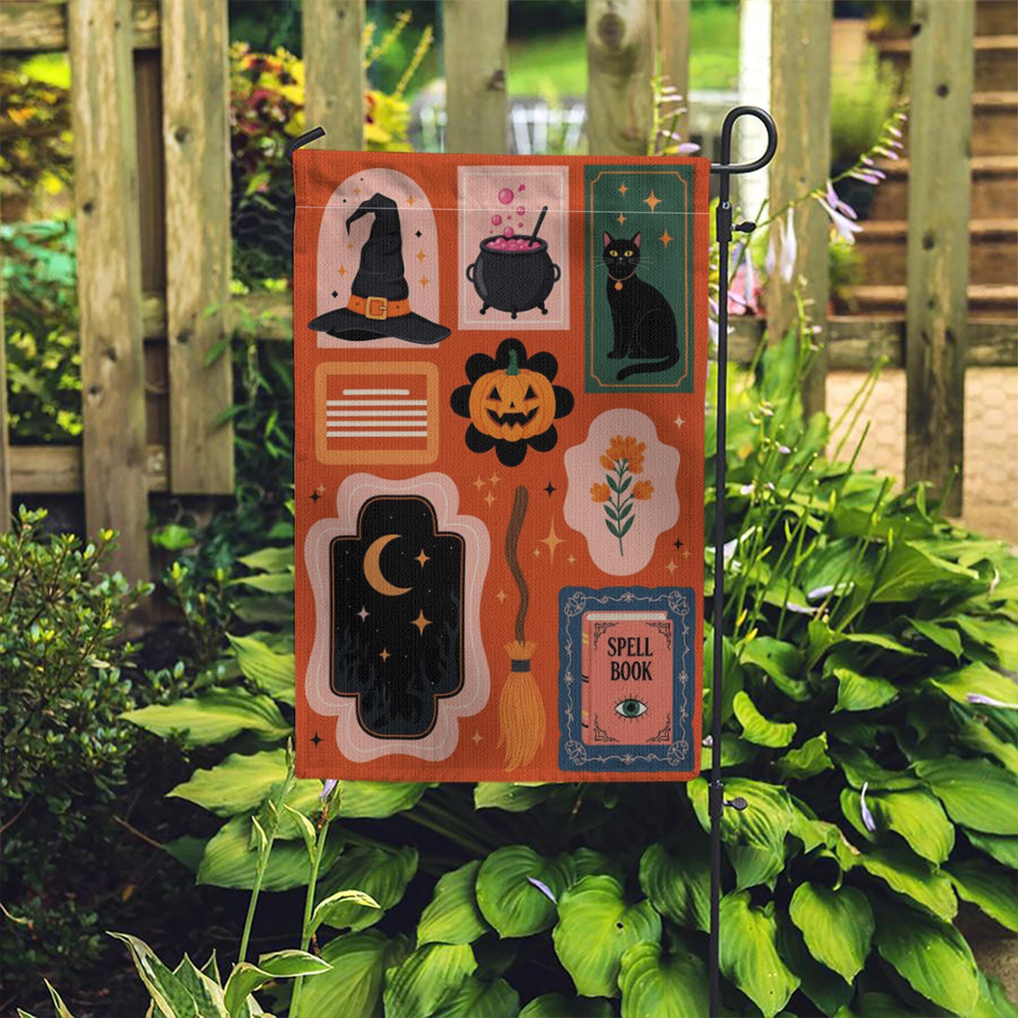 Halloween Garden Flag - Witchy Outdoor Yard Banner - Spooky Fall Porch Decor - Black Cat & Spell Book Sign - Trick or Treat Welcome