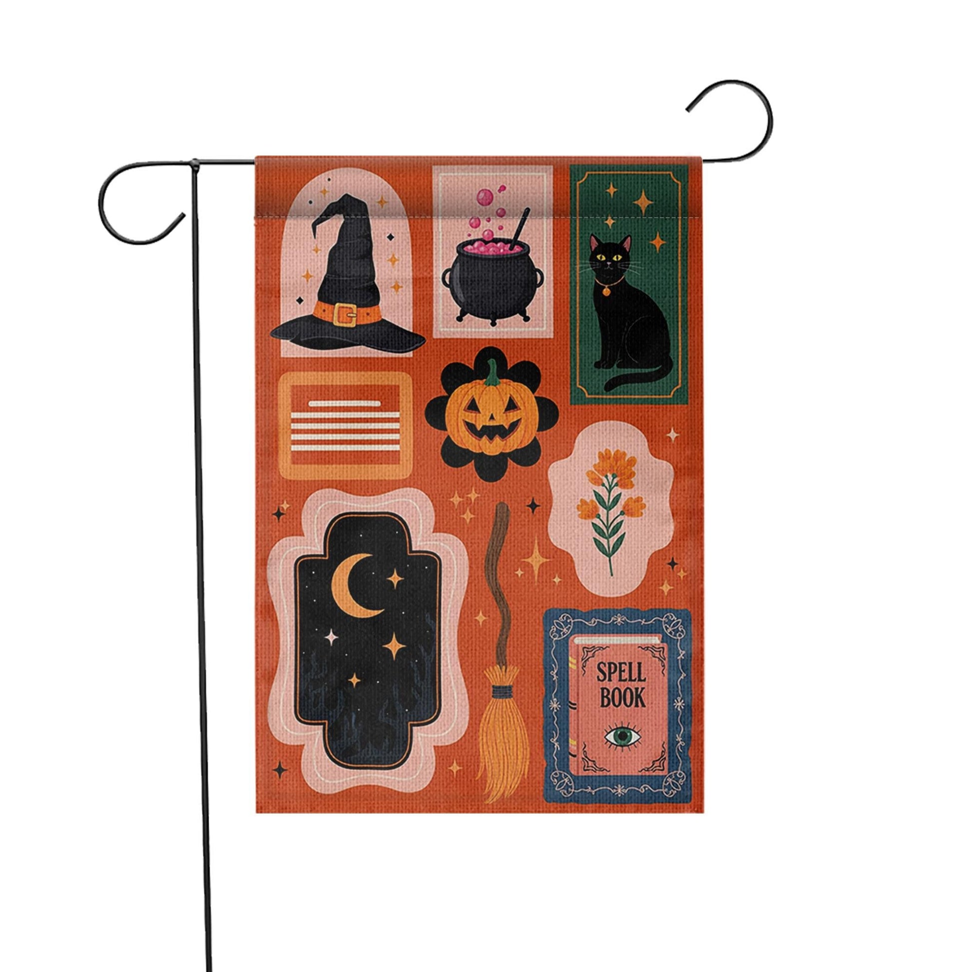 Halloween Garden Flag - Witchy Outdoor Yard Banner - Spooky Fall Porch Decor - Black Cat & Spell Book Sign - Trick or Treat Welcome