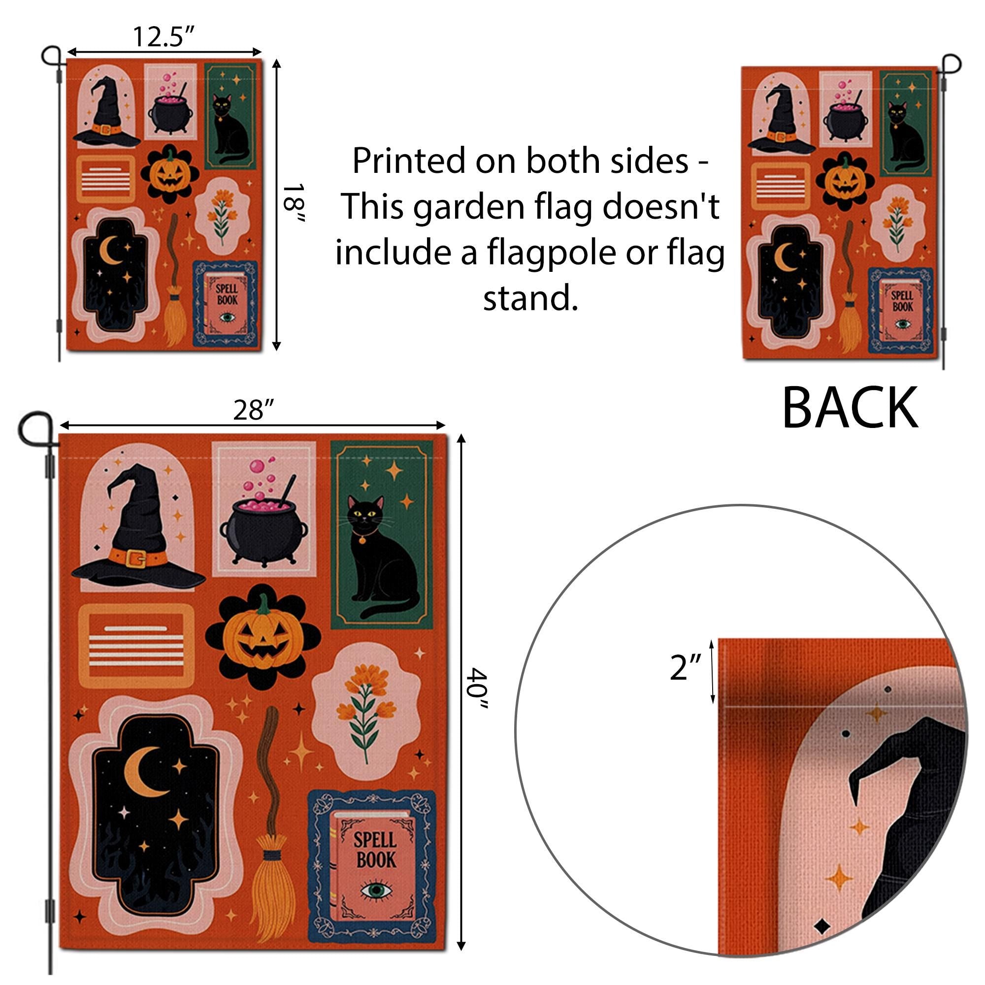 Halloween Garden Flag - Witchy Outdoor Yard Banner - Spooky Fall Porch Decor - Black Cat & Spell Book Sign - Trick or Treat Welcome