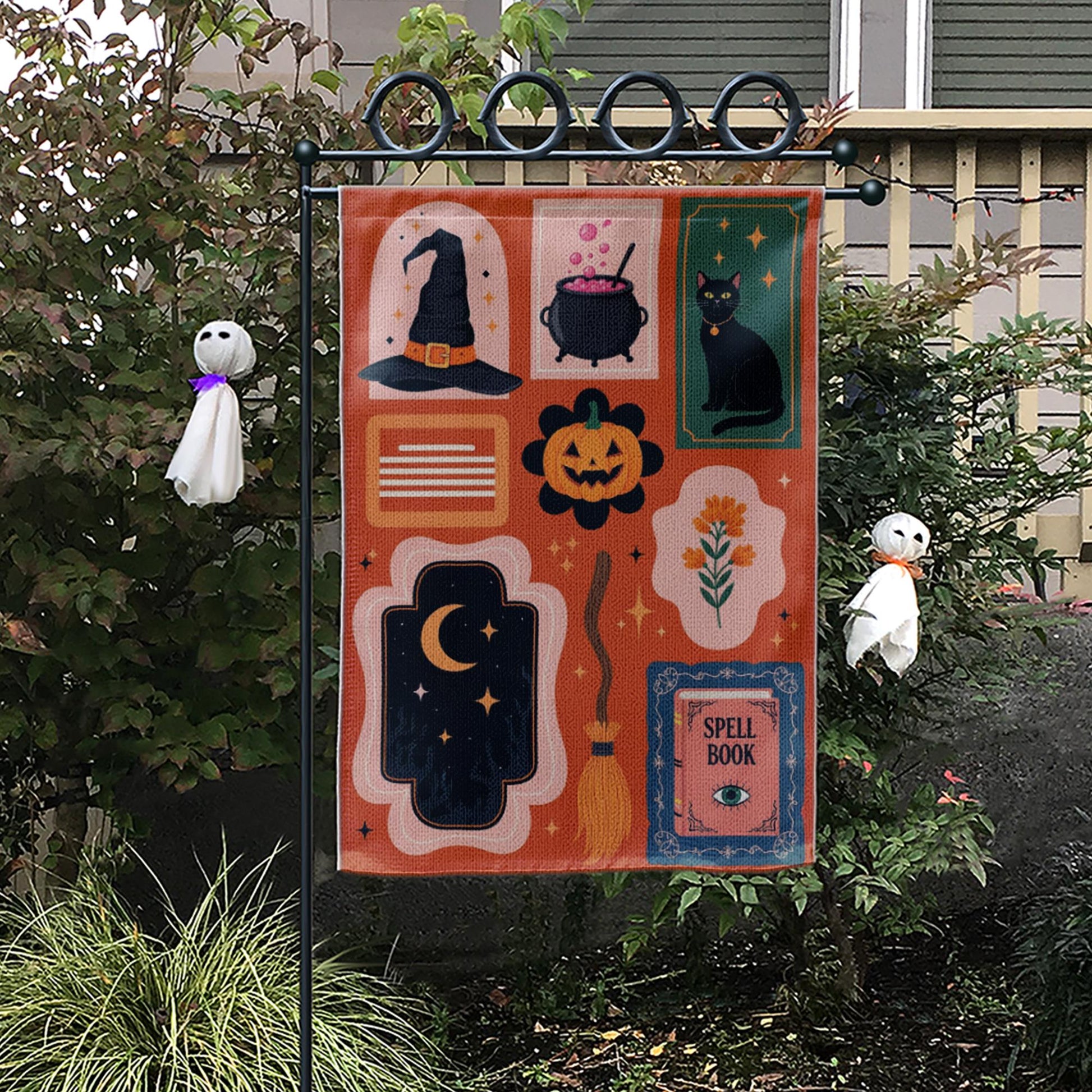 Halloween Garden Flag - Witchy Outdoor Yard Banner - Spooky Fall Porch Decor - Black Cat & Spell Book Sign - Trick or Treat Welcome