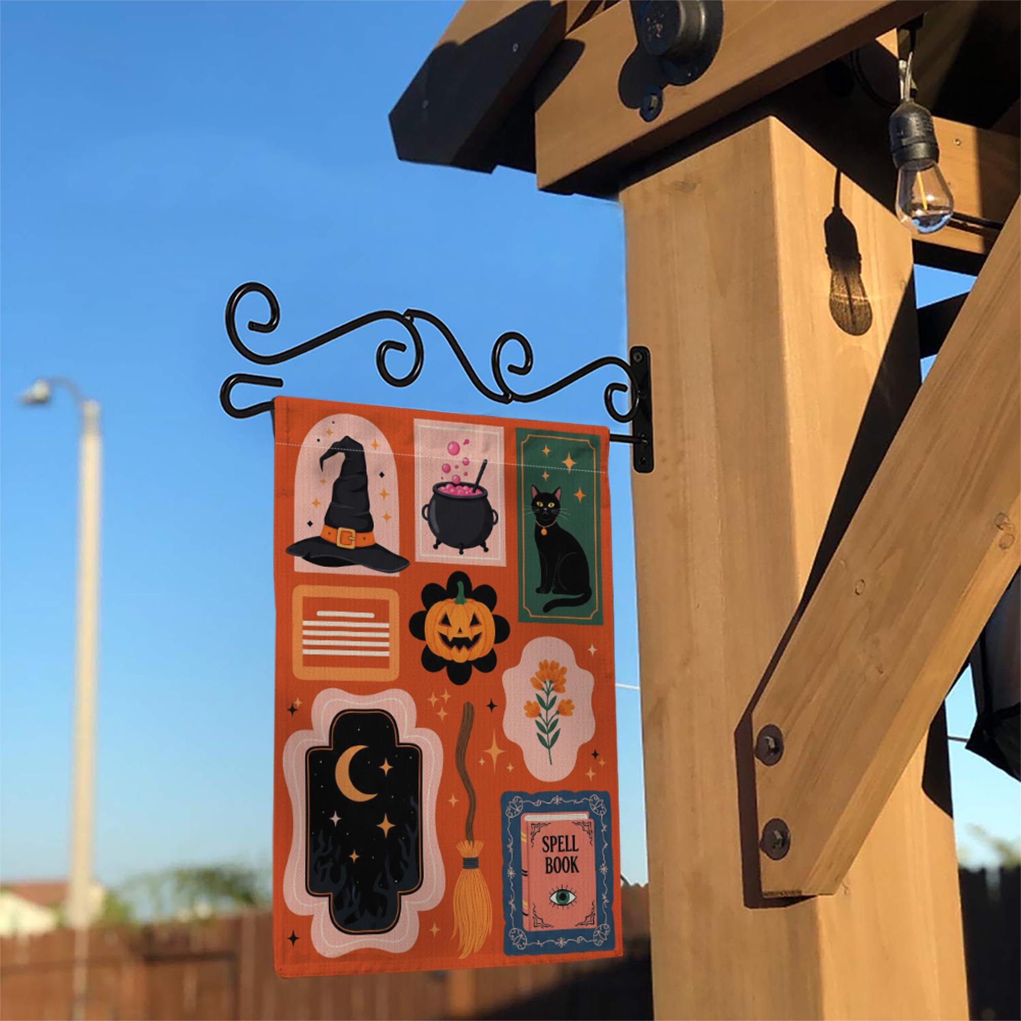 Halloween Garden Flag - Witchy Outdoor Yard Banner - Spooky Fall Porch Decor - Black Cat & Spell Book Sign - Trick or Treat Welcome