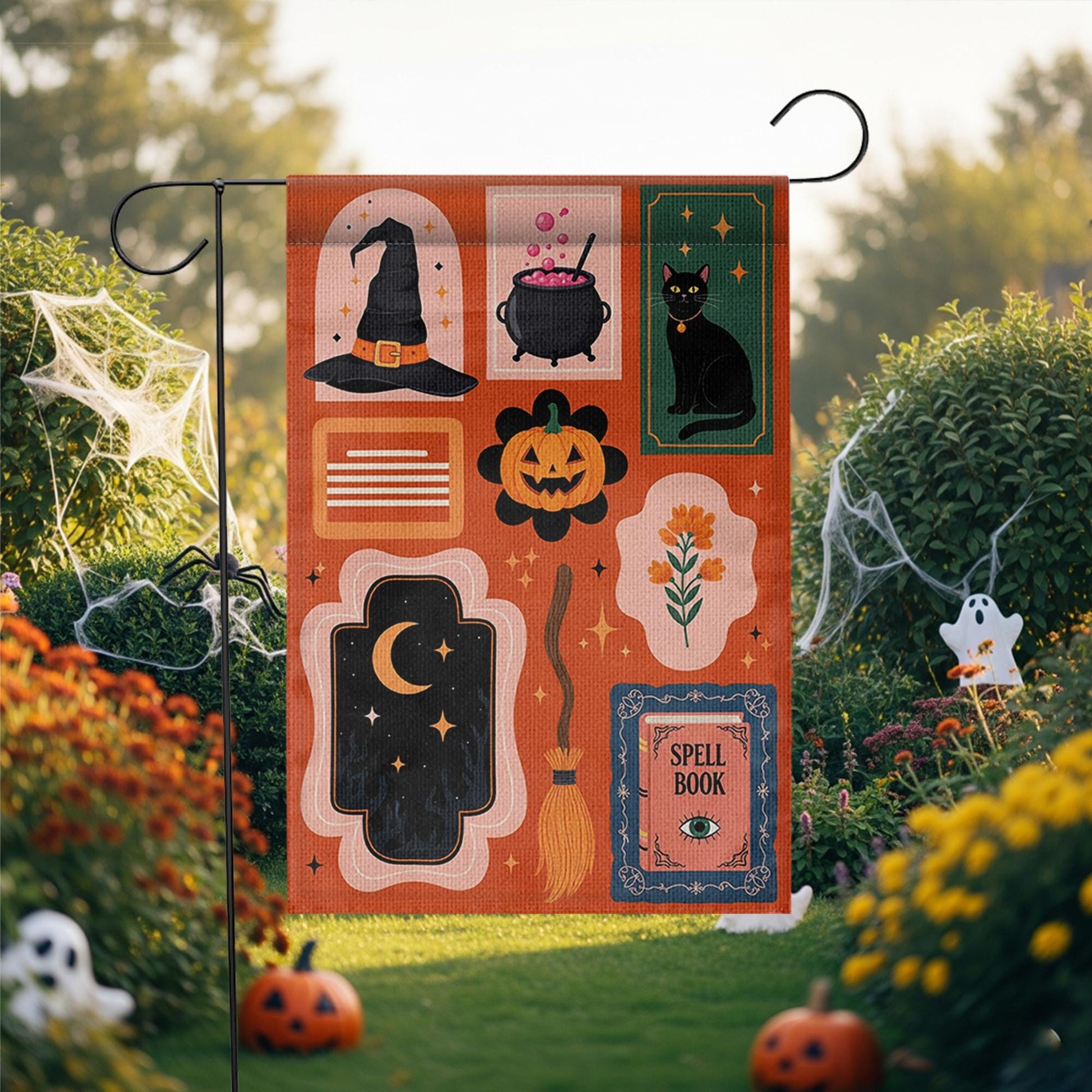 Halloween Garden Flag - Witchy Outdoor Yard Banner - Spooky Fall Porch Decor - Black Cat & Spell Book Sign - Trick or Treat Welcome