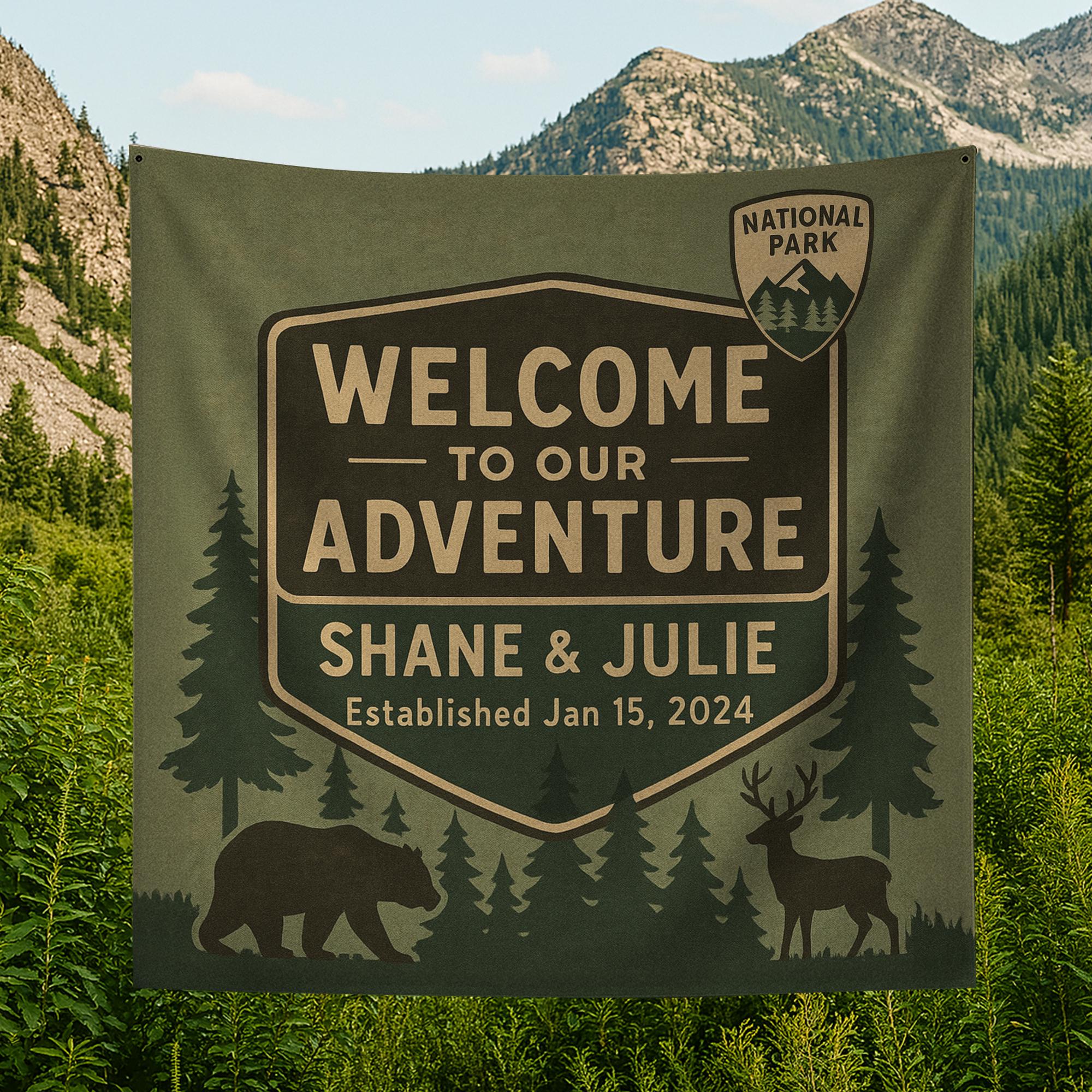 Outdoor Adventure Couple Tapestry, Custom Anniversary Gift, National Park Style Wall Art, Personalized Nature Tapestry