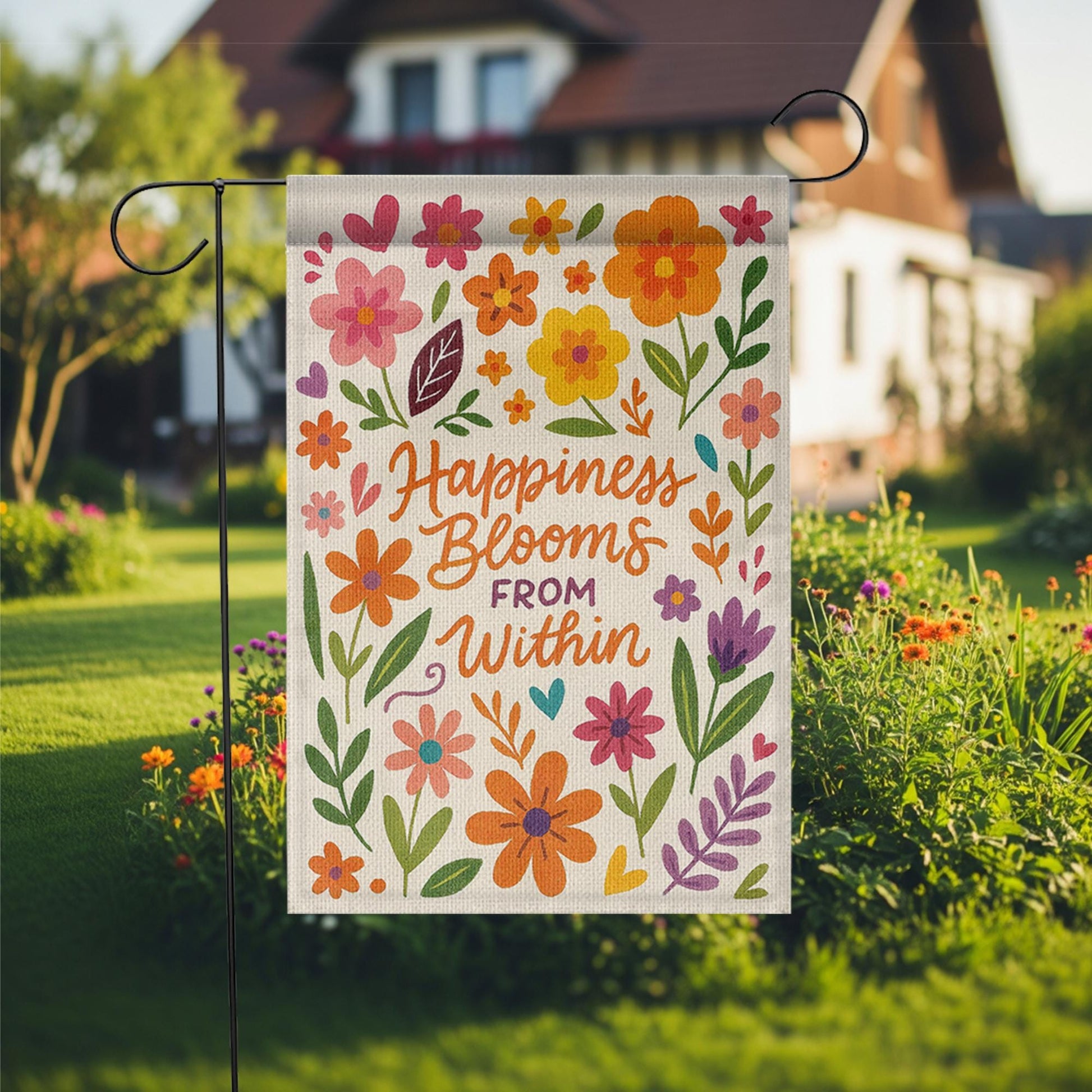 Happiness Blooms From Within Garden Flag | Colorful Floral Yard Decor with Positive Quote for Spring, Summer, or Outdoor Display, Motivation