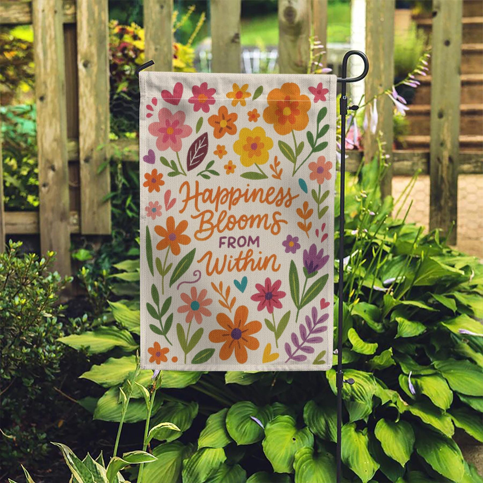 Happiness Blooms From Within Garden Flag | Colorful Floral Yard Decor with Positive Quote for Spring, Summer, or Outdoor Display, Motivation