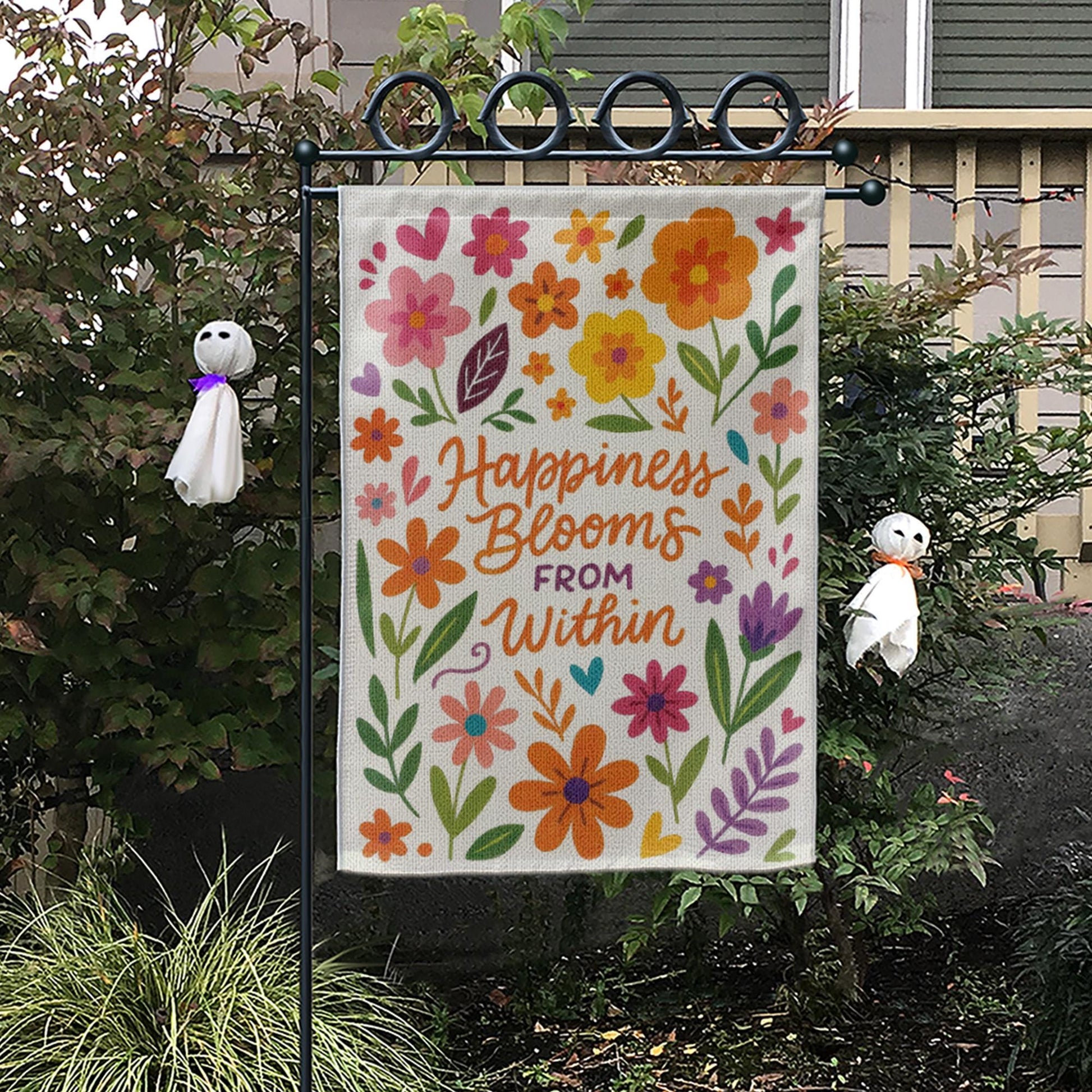 Happiness Blooms From Within Garden Flag | Colorful Floral Yard Decor with Positive Quote for Spring, Summer, or Outdoor Display, Motivation