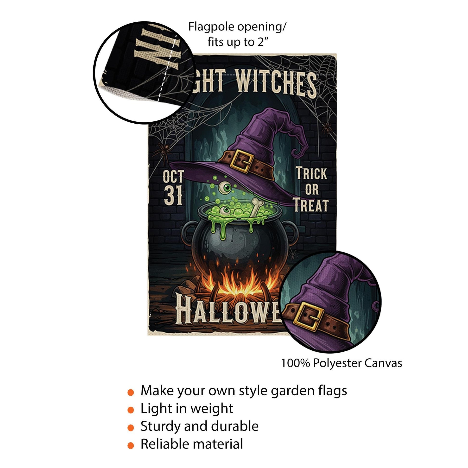 Night Witches Halloween Garden Flag - Cauldron Witch Hat Yard Sign - Spooky Outdoor Decor - Trick or Treat Porch Banner