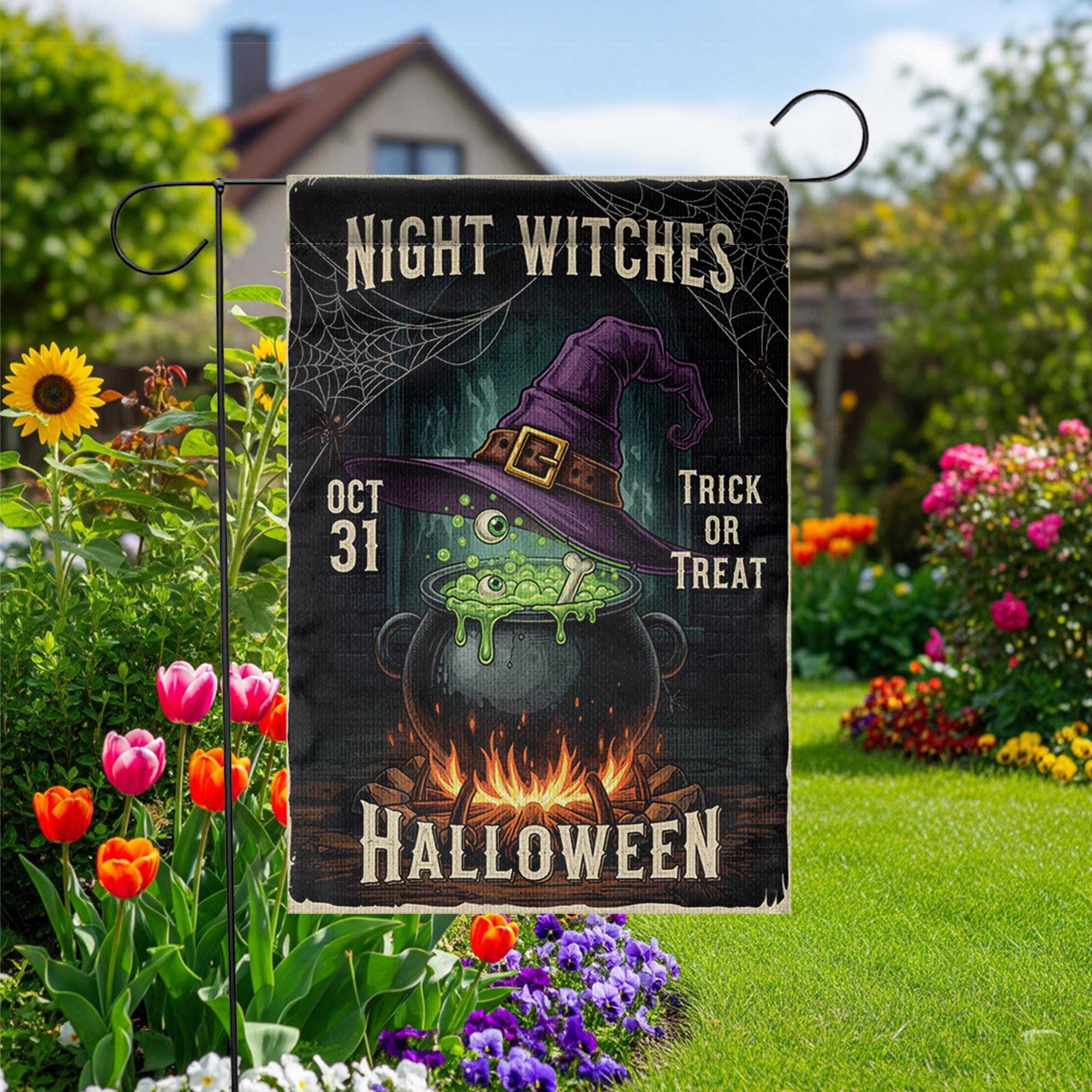 Night Witches Halloween Garden Flag - Cauldron Witch Hat Yard Sign - Spooky Outdoor Decor - Trick or Treat Porch Banner