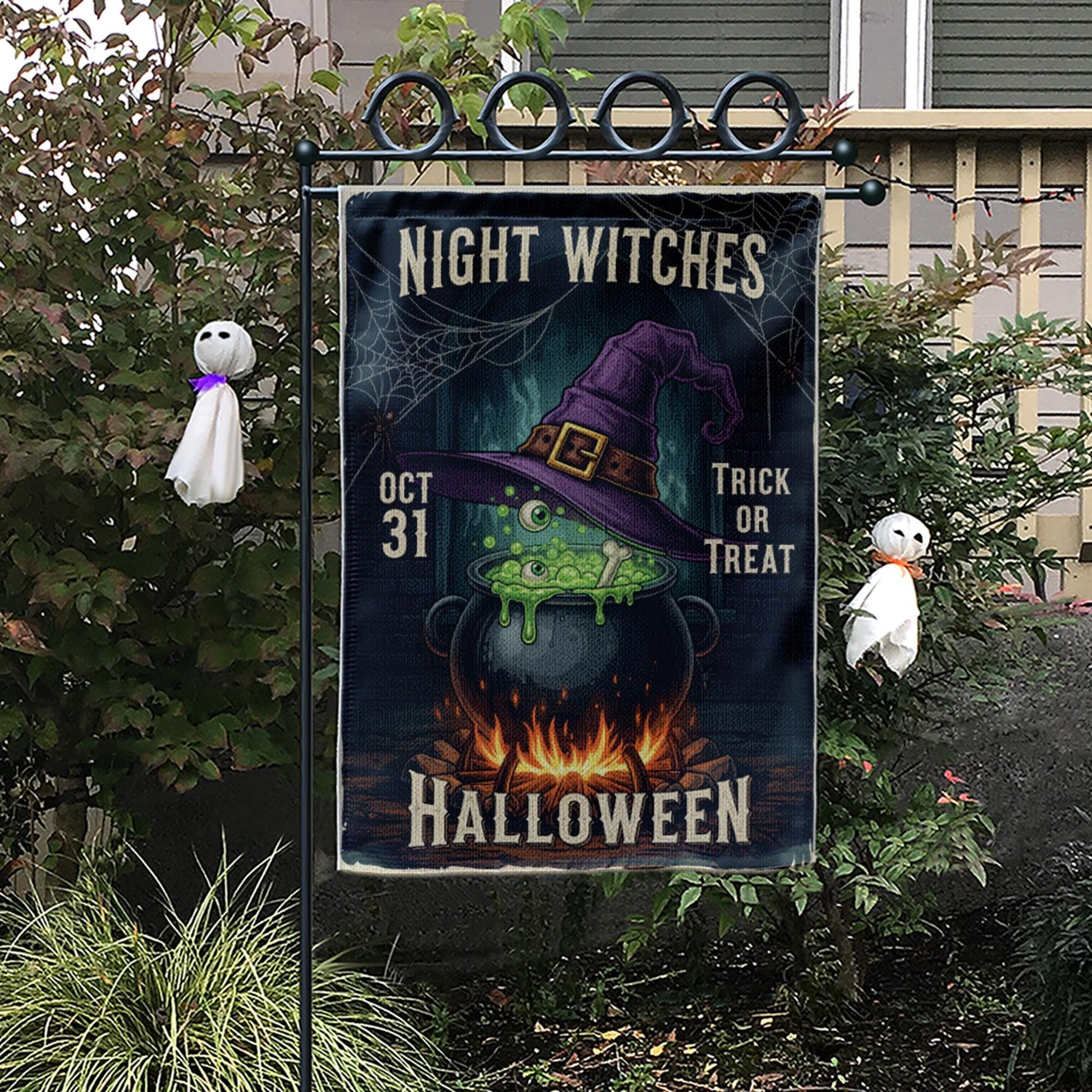 Night Witches Halloween Garden Flag - Cauldron Witch Hat Yard Sign - Spooky Outdoor Decor - Trick or Treat Porch Banner