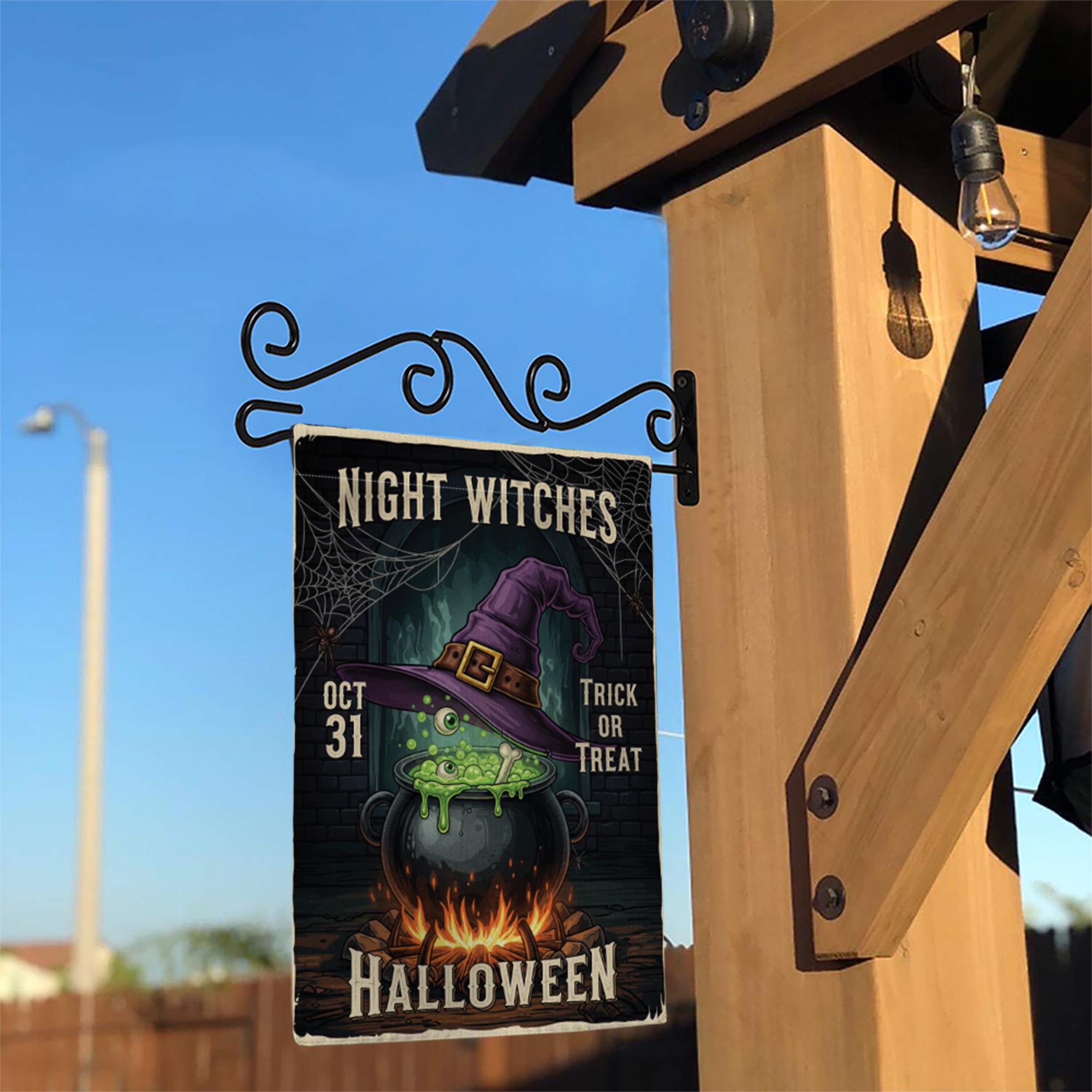 Night Witches Halloween Garden Flag - Cauldron Witch Hat Yard Sign - Spooky Outdoor Decor - Trick or Treat Porch Banner