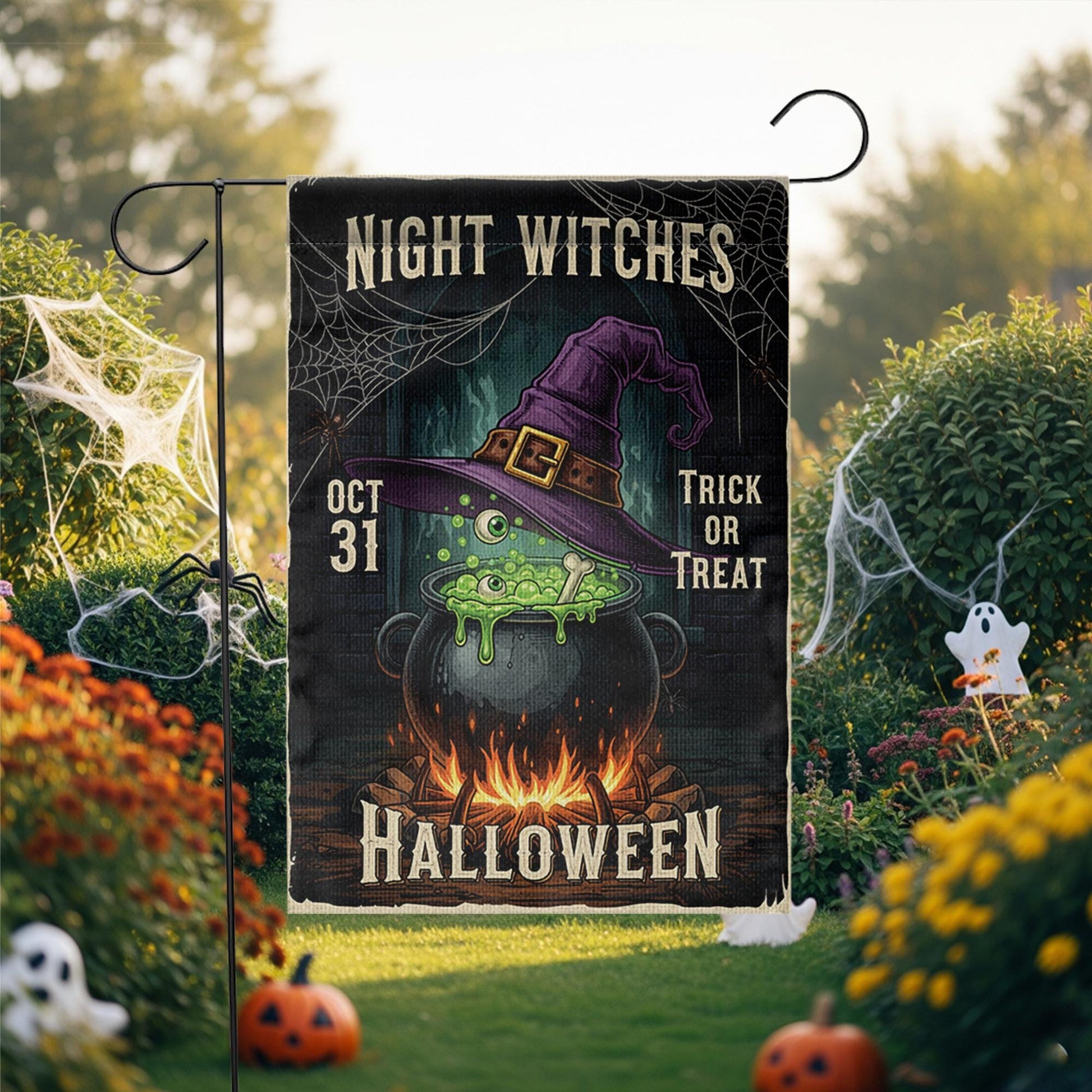Night Witches Halloween Garden Flag - Cauldron Witch Hat Yard Sign - Spooky Outdoor Decor - Trick or Treat Porch Banner