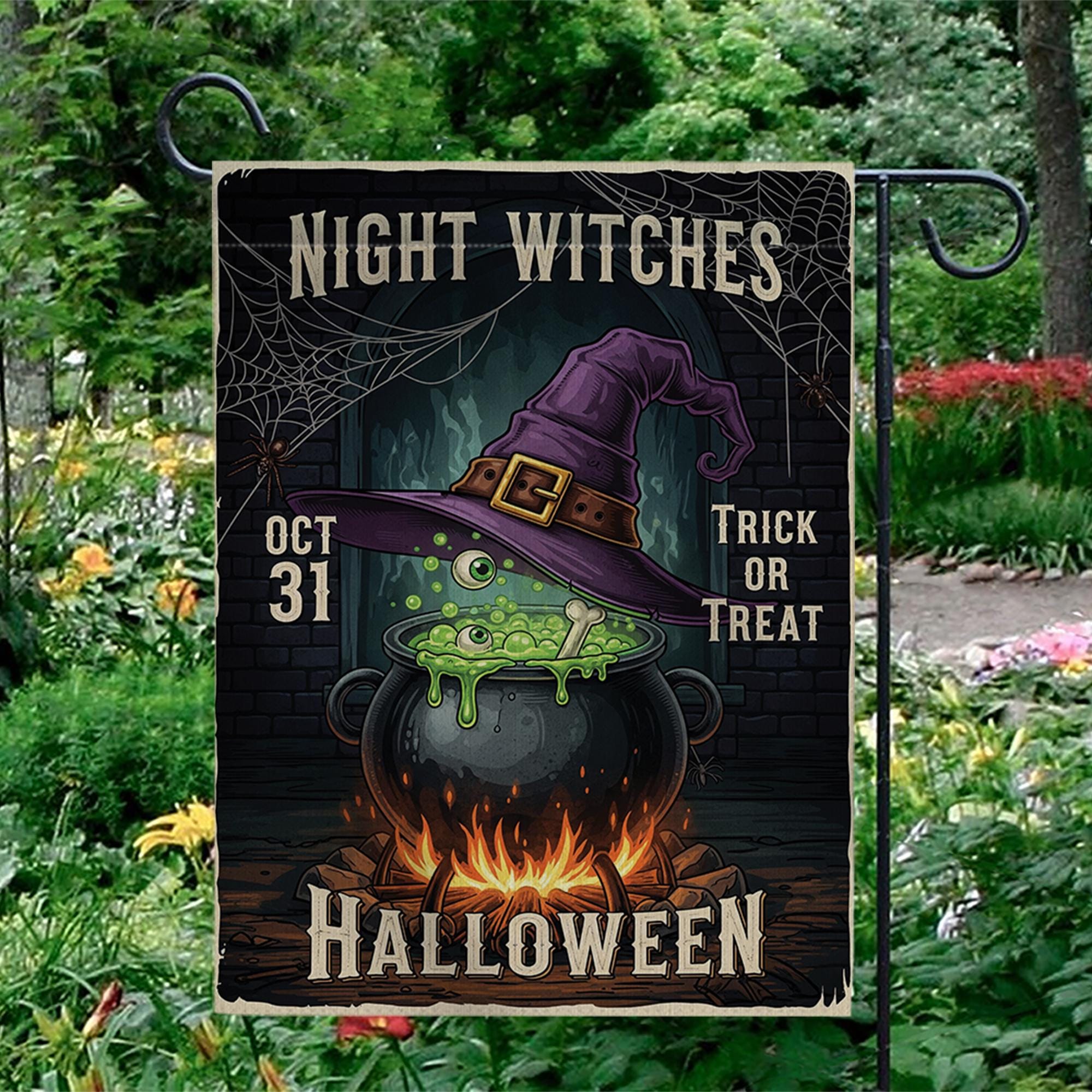 Night Witches Halloween Garden Flag - Cauldron Witch Hat Yard Sign - Spooky Outdoor Decor - Trick or Treat Porch Banner