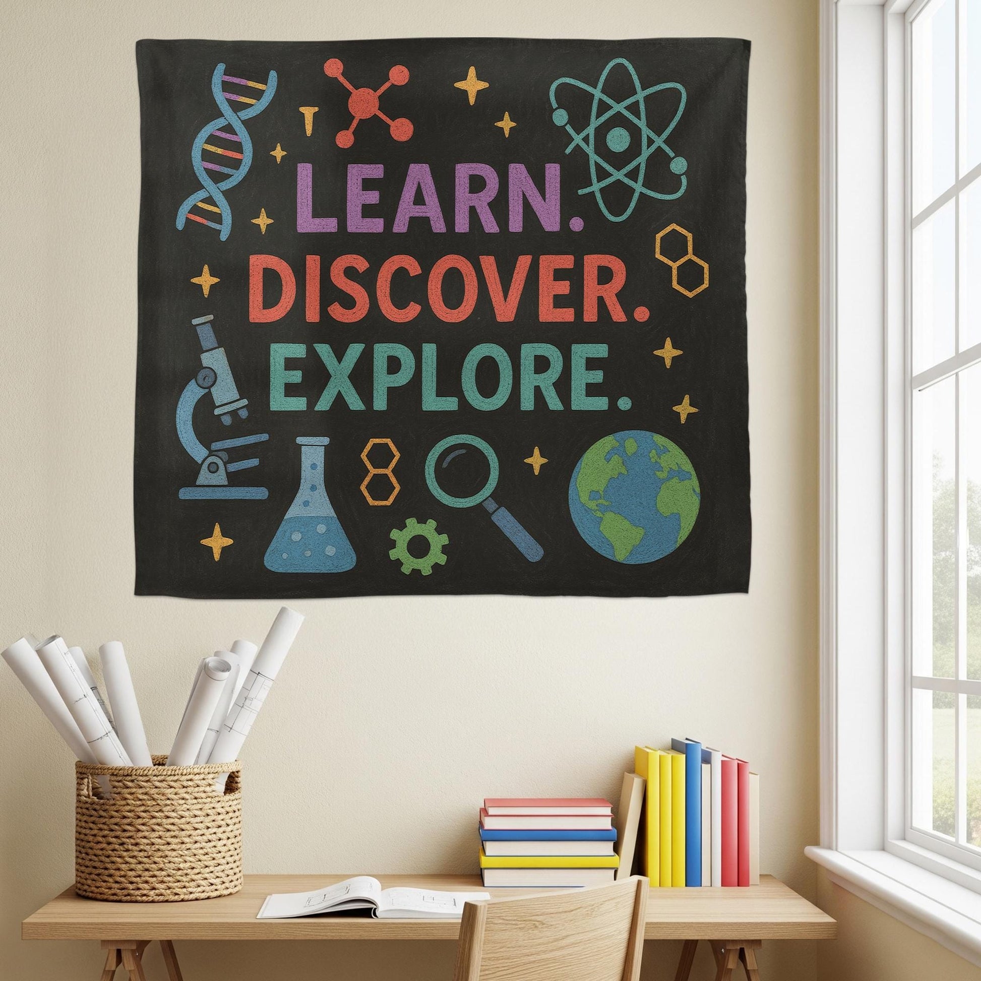 Science Classroom Tapestry, Learn Discover Explore Wall Decor, STEM Poster for Teachers, Back to School Science Banner, Classroom decoration