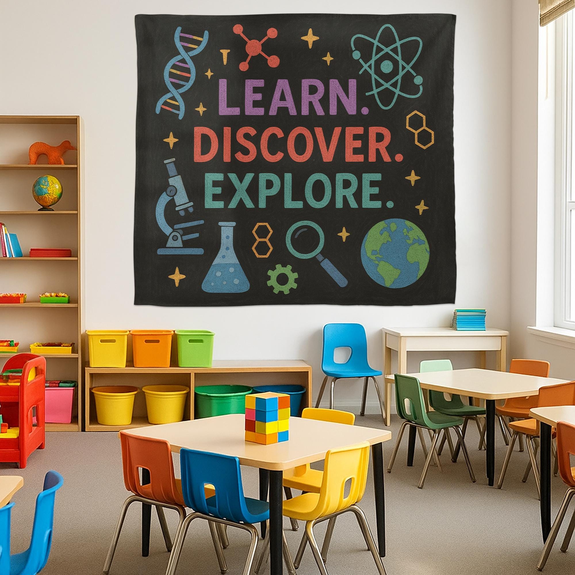 Science Classroom Tapestry, Learn Discover Explore Wall Decor, STEM Poster for Teachers, Back to School Science Banner, Classroom decoration