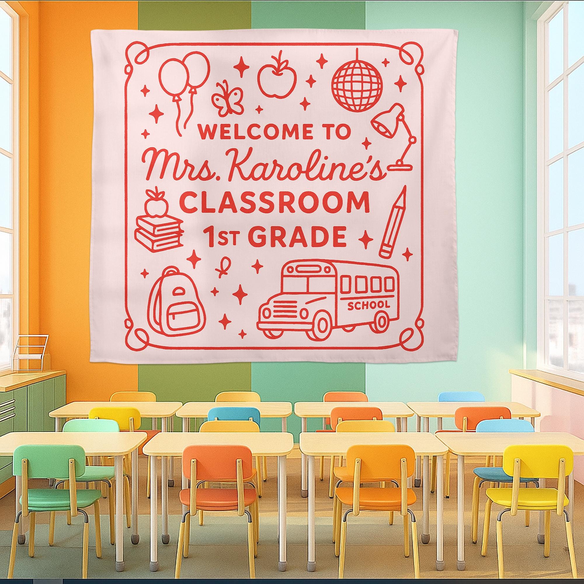 Personalized 1st Grade Classroom Tapestry, Welcome Back to School Banner, Teacher Wall Decor, Custom Teacher Name Sign