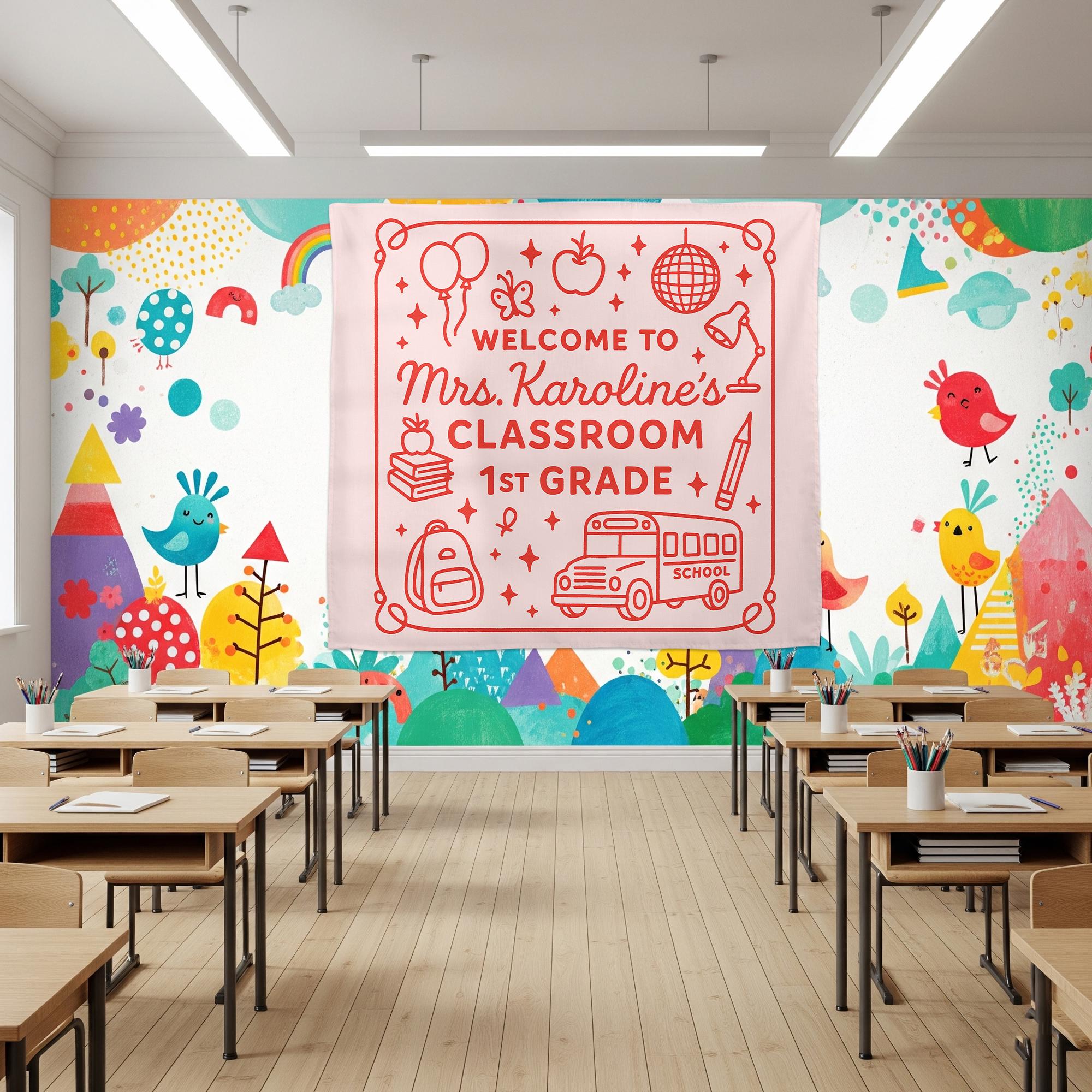 Personalized 1st Grade Classroom Tapestry, Welcome Back to School Banner, Teacher Wall Decor, Custom Teacher Name Sign