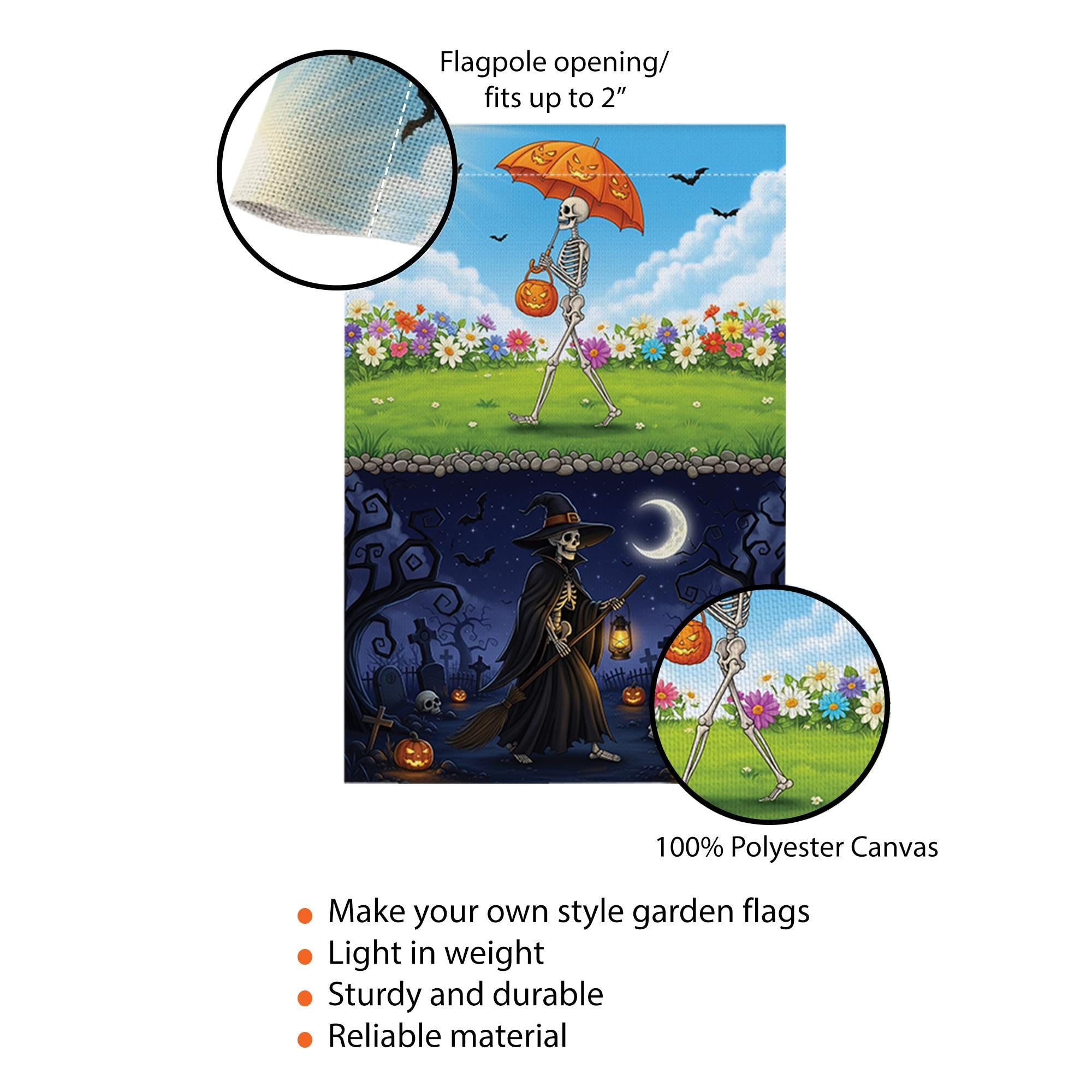 Day & Night Halloween Skeleton Garden Flag - Seasonal Witch Yard Banner - Double Sided Spooky Decor - Fall Porch Decoration