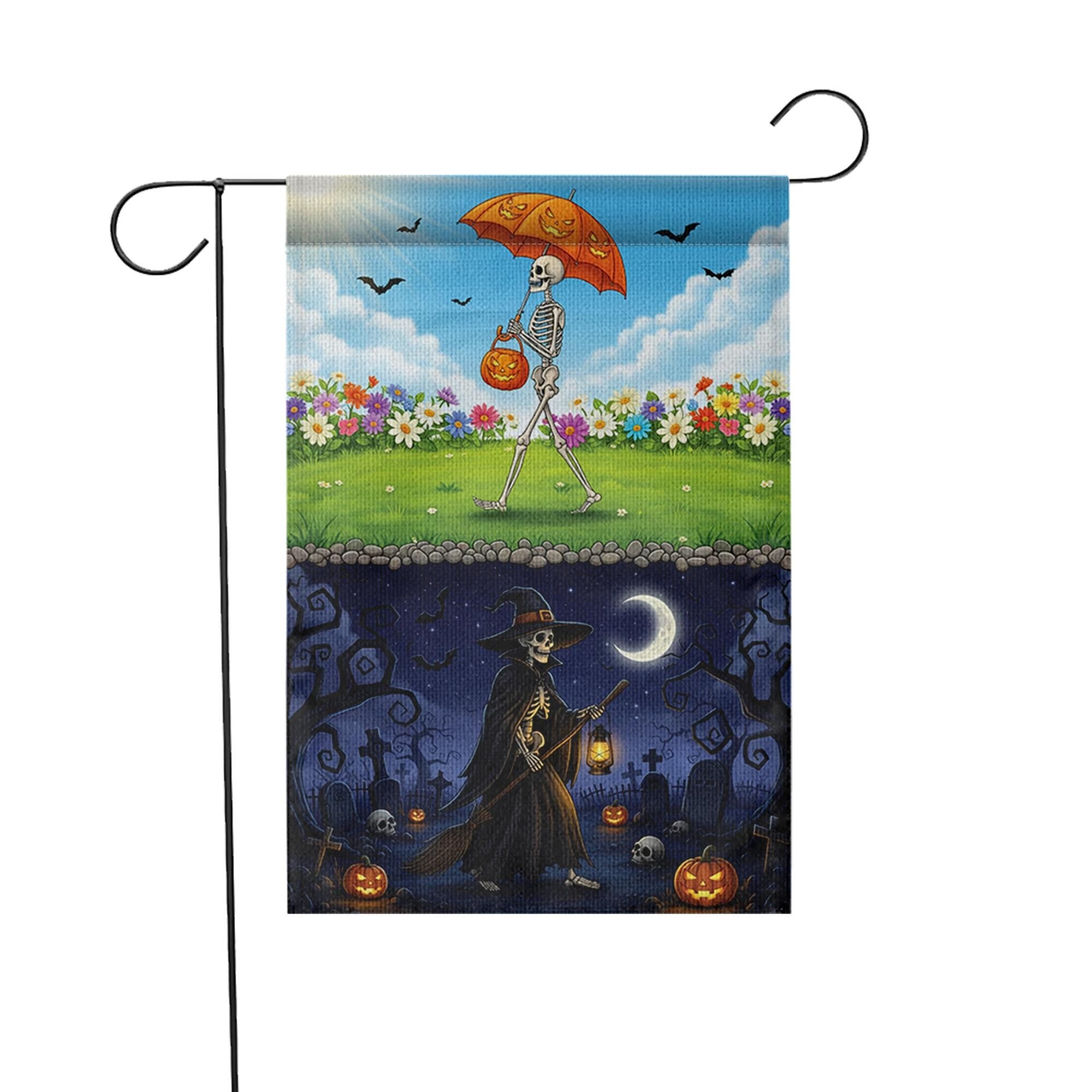 Day & Night Halloween Skeleton Garden Flag - Seasonal Witch Yard Banner - Double Sided Spooky Decor - Fall Porch Decoration