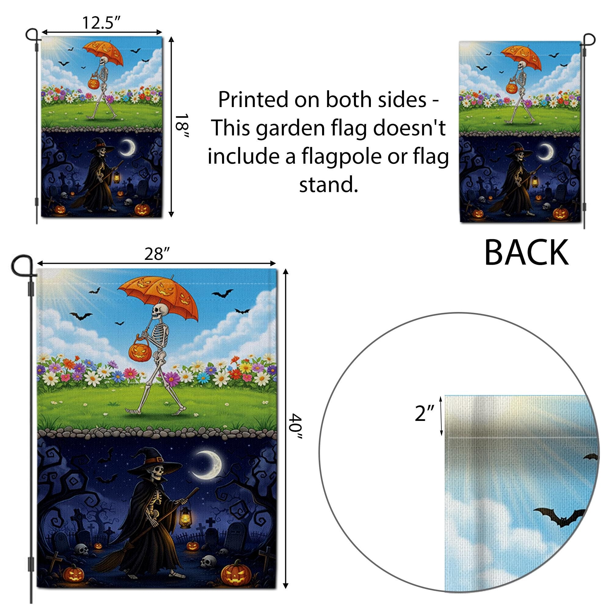 Day & Night Halloween Skeleton Garden Flag - Seasonal Witch Yard Banner - Double Sided Spooky Decor - Fall Porch Decoration