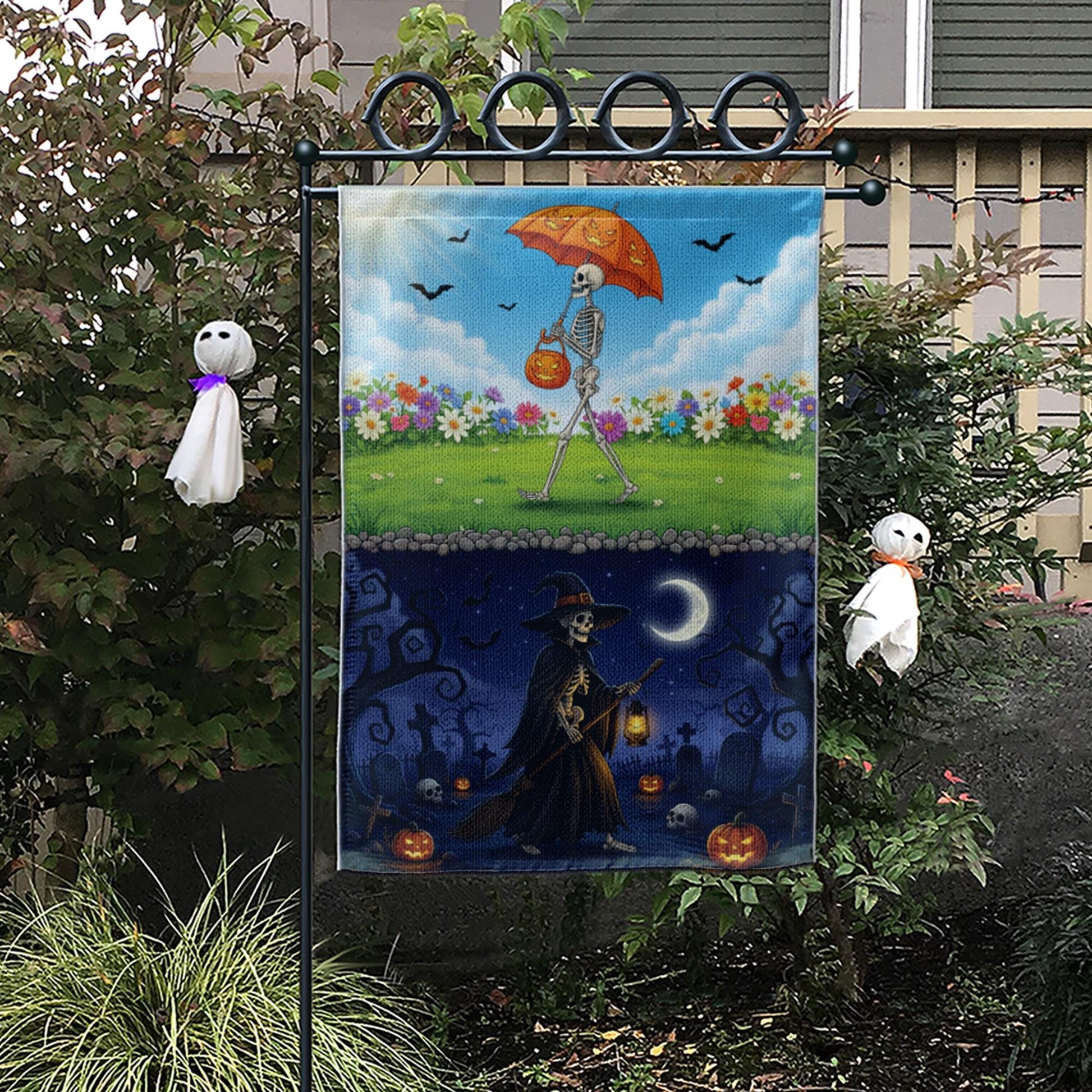 Day & Night Halloween Skeleton Garden Flag - Seasonal Witch Yard Banner - Double Sided Spooky Decor - Fall Porch Decoration