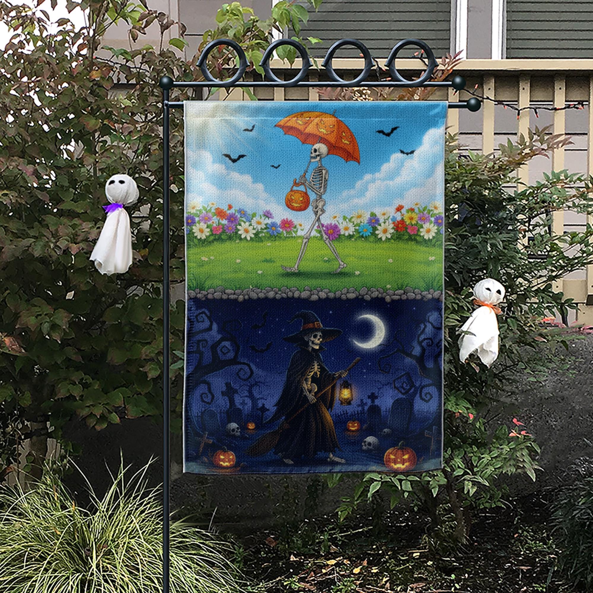 Day & Night Halloween Skeleton Garden Flag - Seasonal Witch Yard Banner - Double Sided Spooky Decor - Fall Porch Decoration