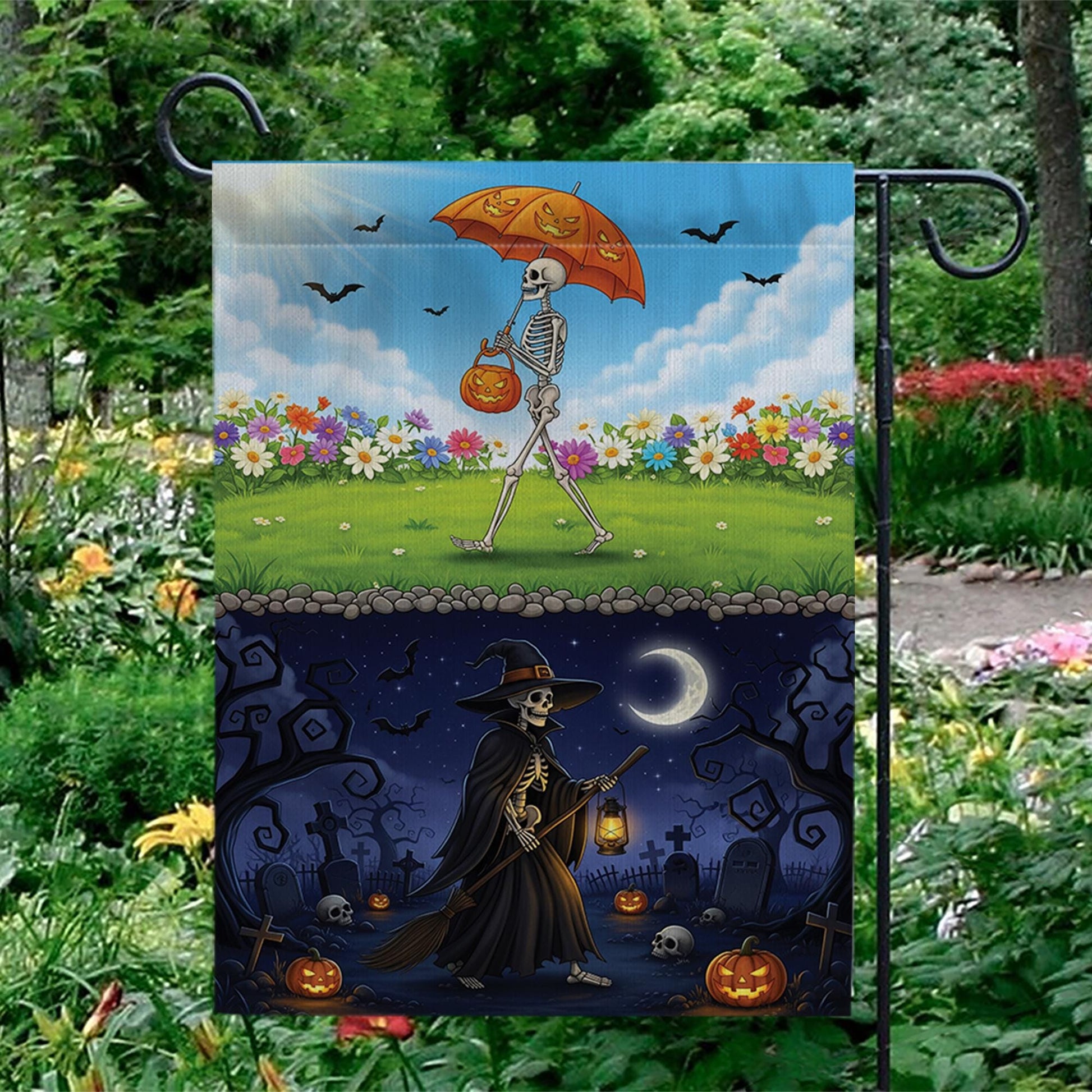 Day & Night Halloween Skeleton Garden Flag - Seasonal Witch Yard Banner - Double Sided Spooky Decor - Fall Porch Decoration