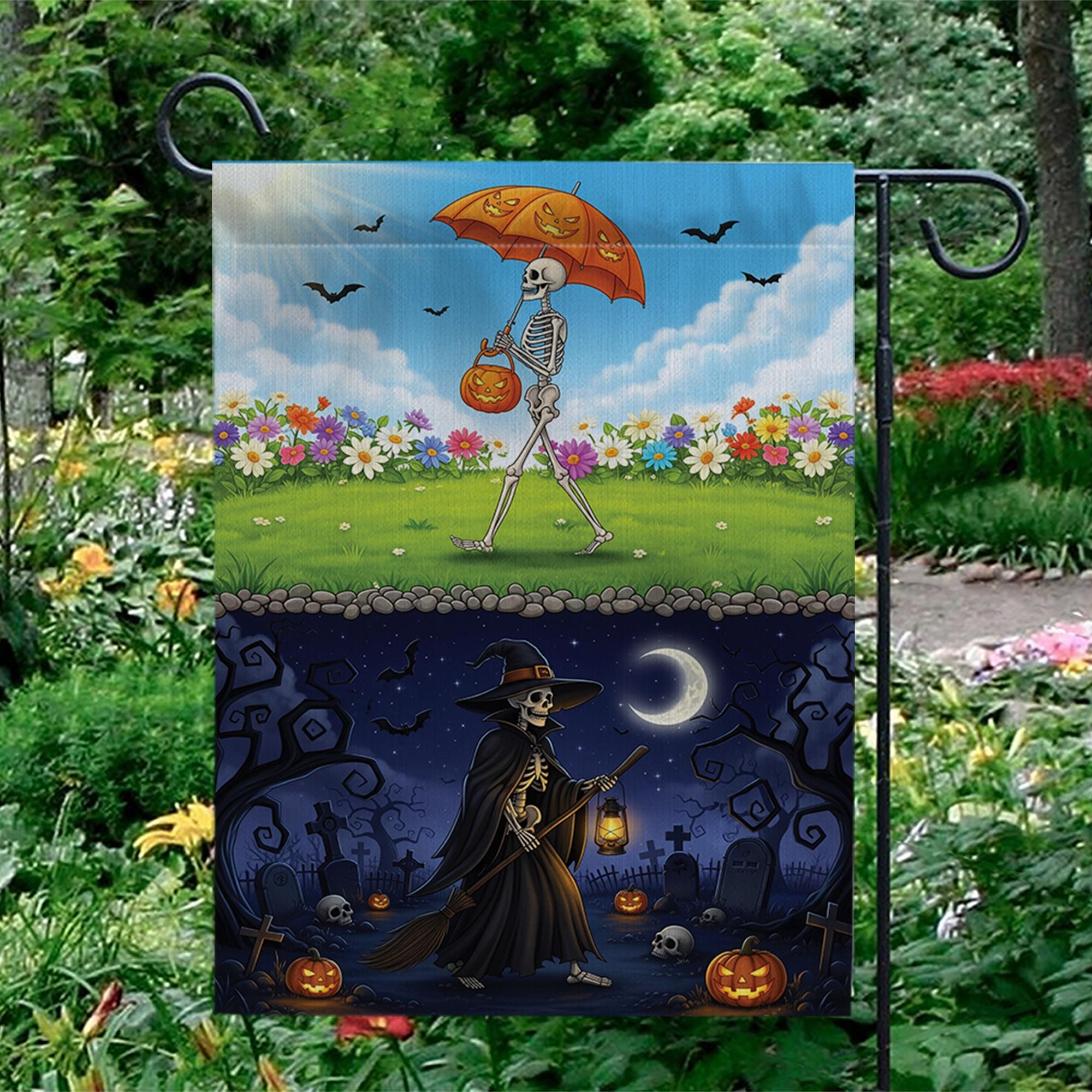 Day & Night Halloween Skeleton Garden Flag - Seasonal Witch Yard Banner - Double Sided Spooky Decor - Fall Porch Decoration