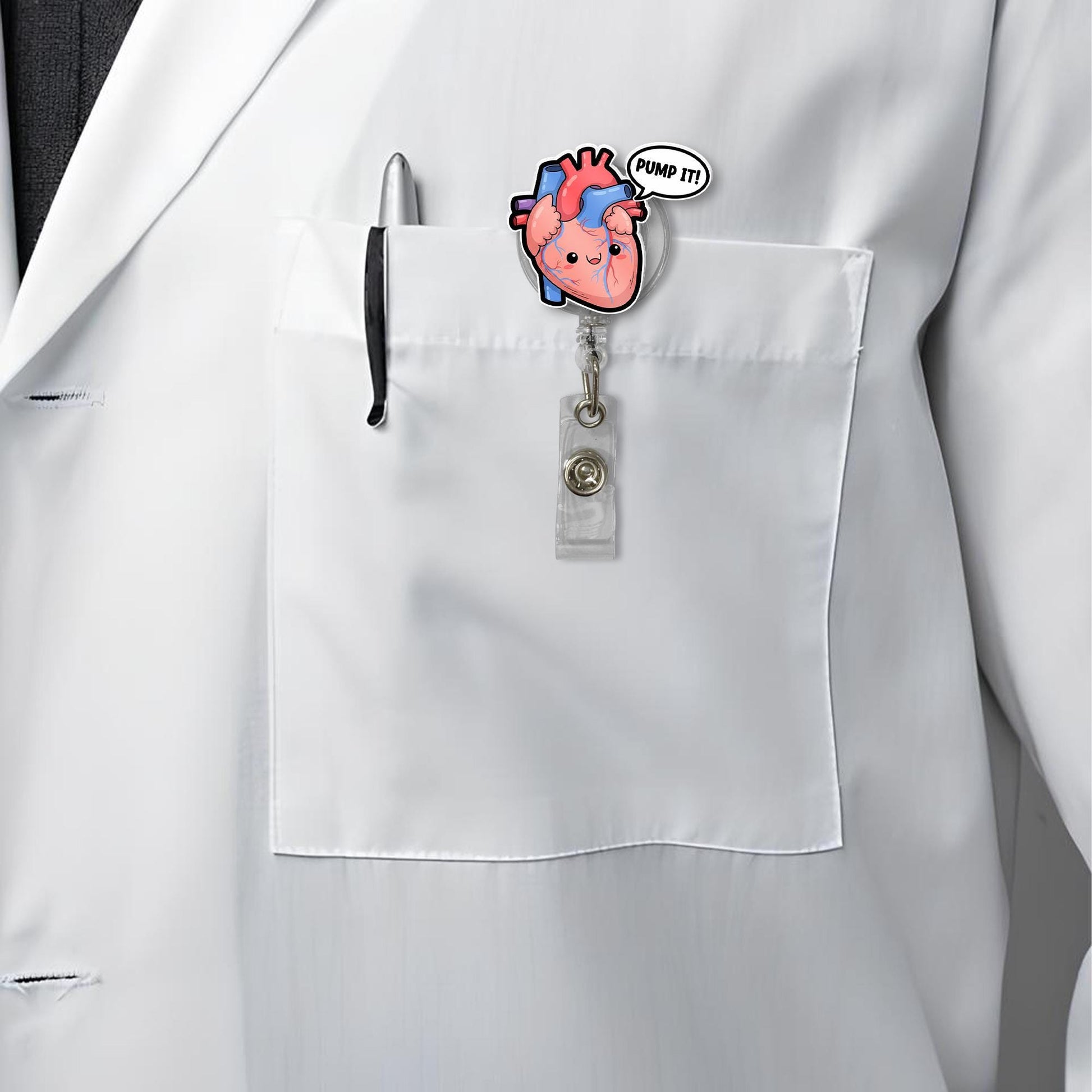 Funny Heart Badge Reel, Pump It Cardiology ID Clip, Cute Anatomical Heart Gift for Nurse, Doctor, CNA, Medical Student Accessory