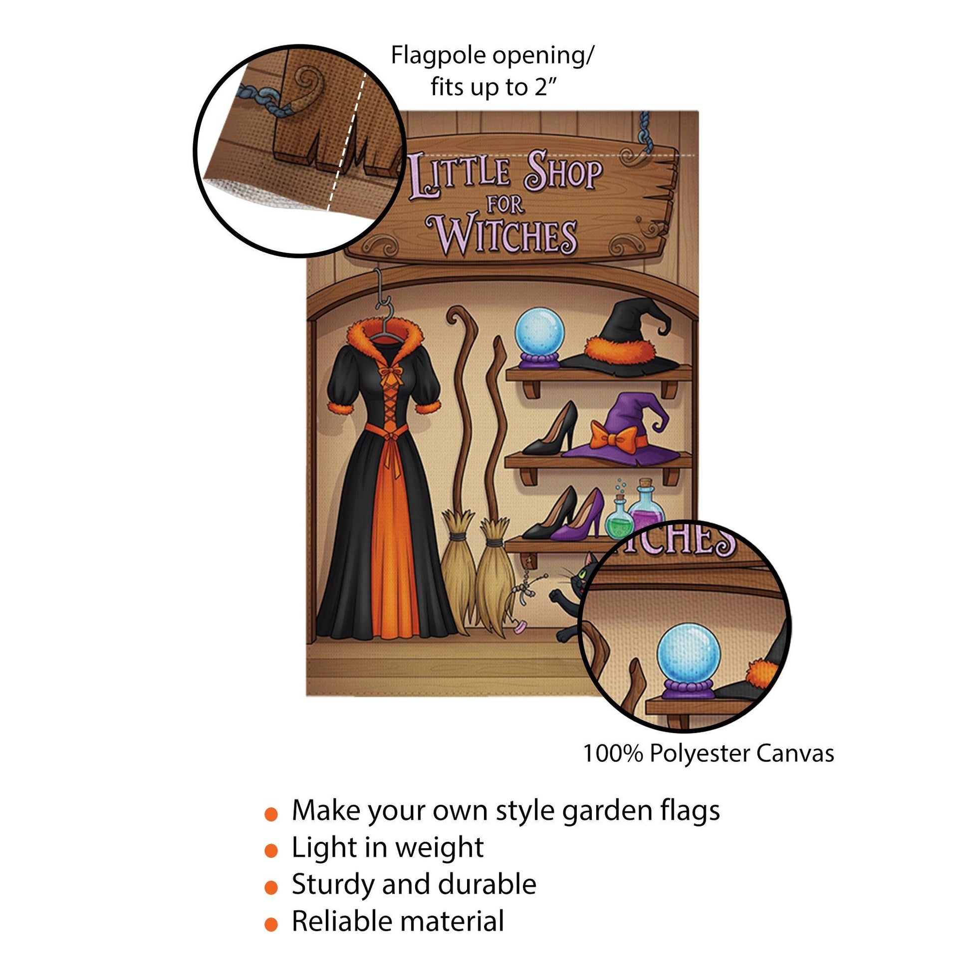 Little Shop of Witches Garden Flag - Halloween Witch Decor - Spooky Outdoor Yard Sign - Cute Black Cat & Hat Banner