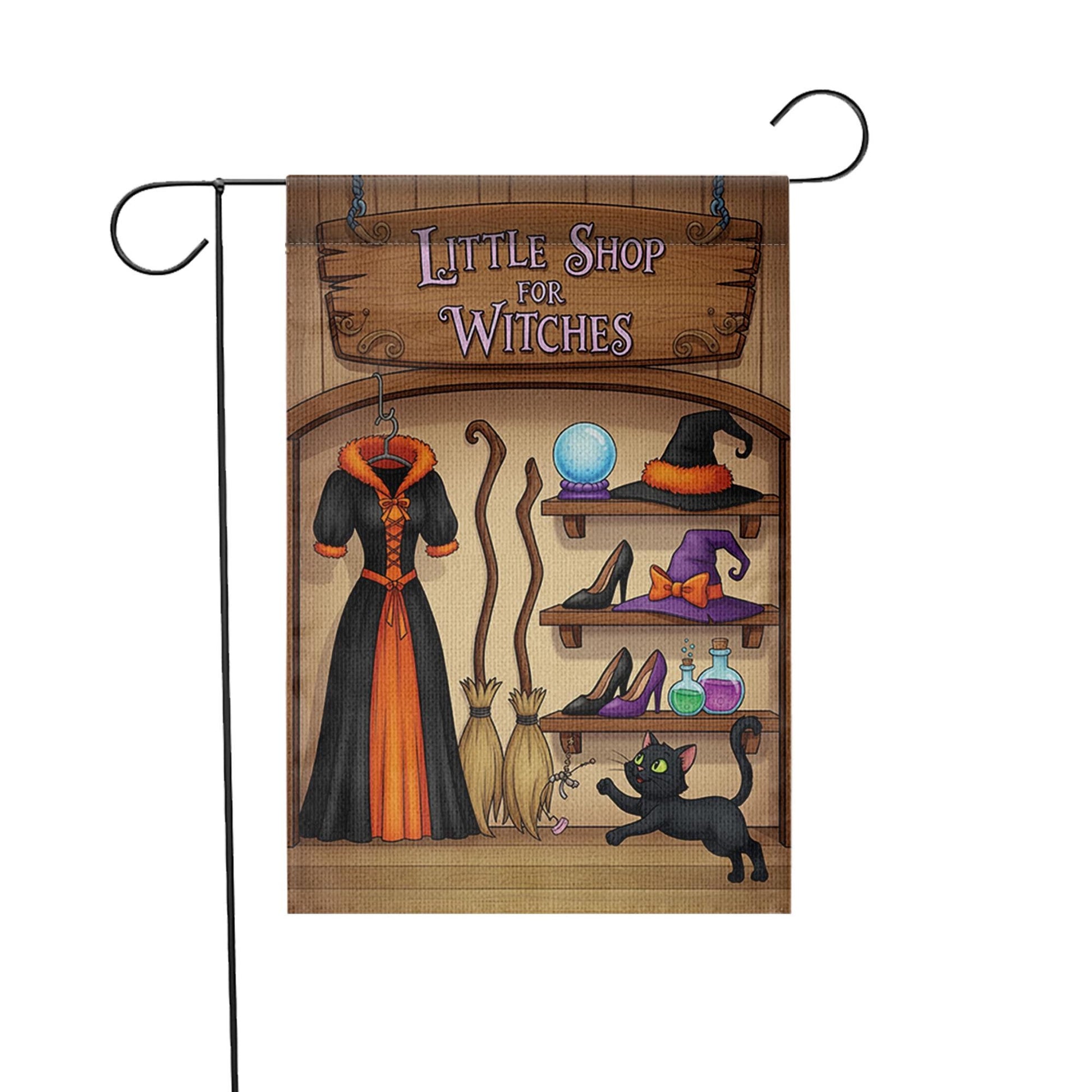 Little Shop of Witches Garden Flag - Halloween Witch Decor - Spooky Outdoor Yard Sign - Cute Black Cat & Hat Banner