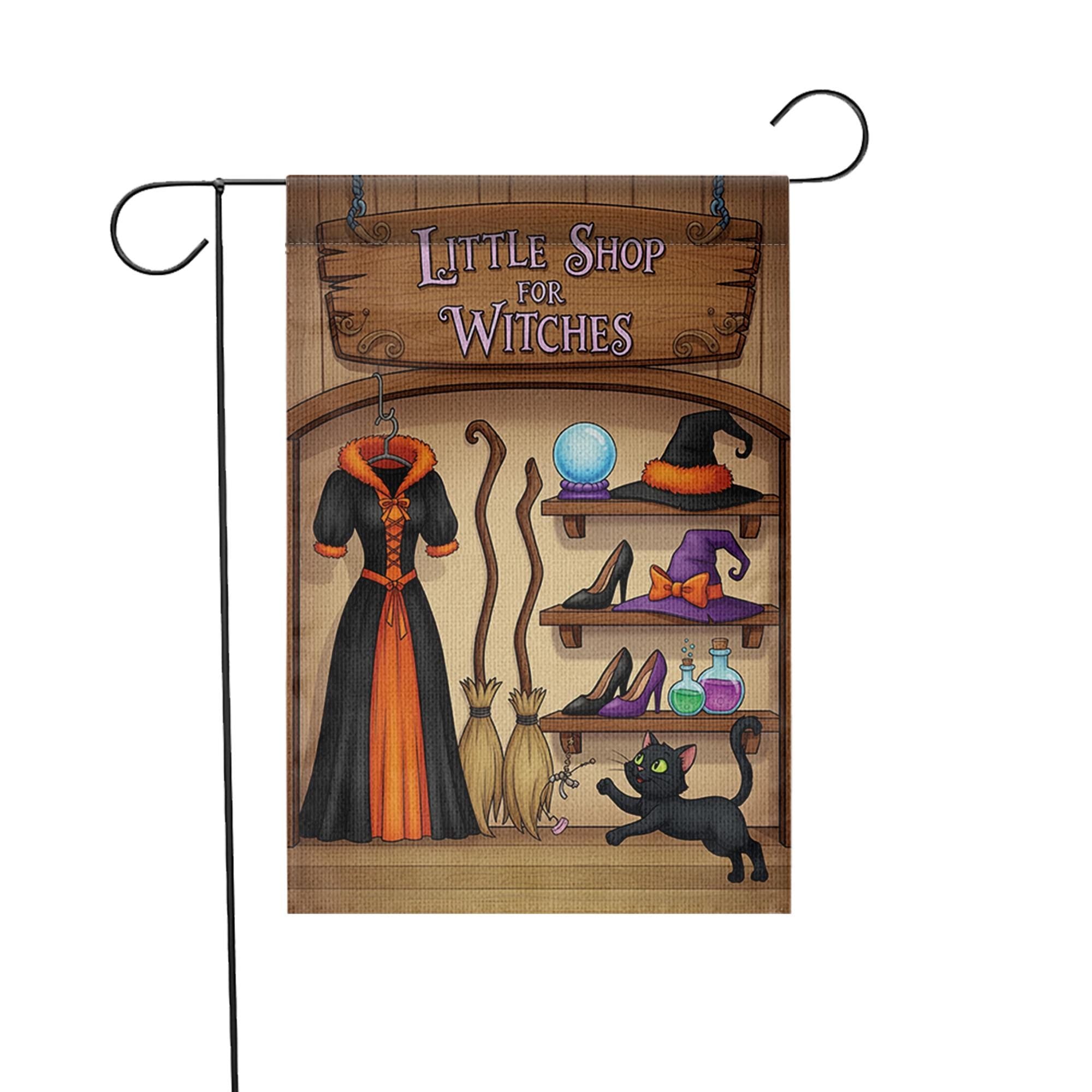 Little Shop of Witches Garden Flag - Halloween Witch Decor - Spooky Outdoor Yard Sign - Cute Black Cat & Hat Banner