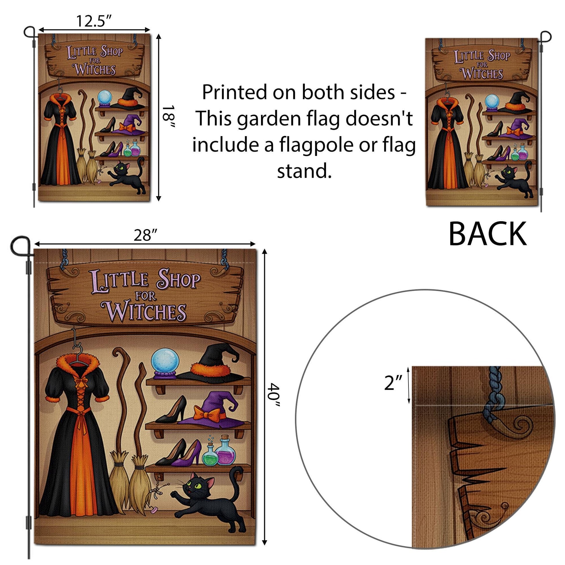 Little Shop of Witches Garden Flag - Halloween Witch Decor - Spooky Outdoor Yard Sign - Cute Black Cat & Hat Banner