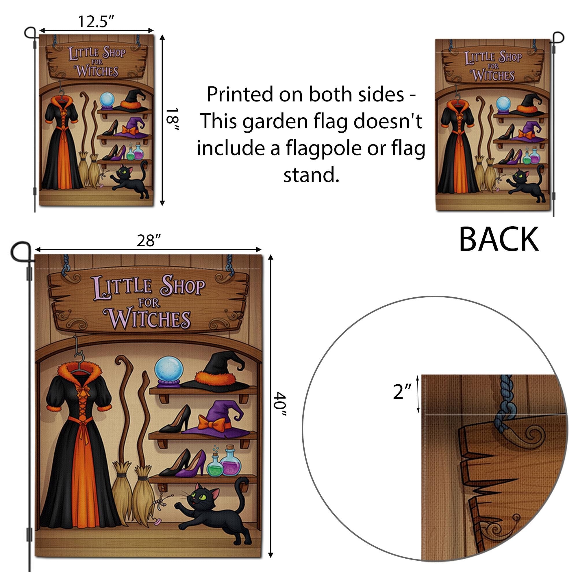 Little Shop of Witches Garden Flag - Halloween Witch Decor - Spooky Outdoor Yard Sign - Cute Black Cat & Hat Banner