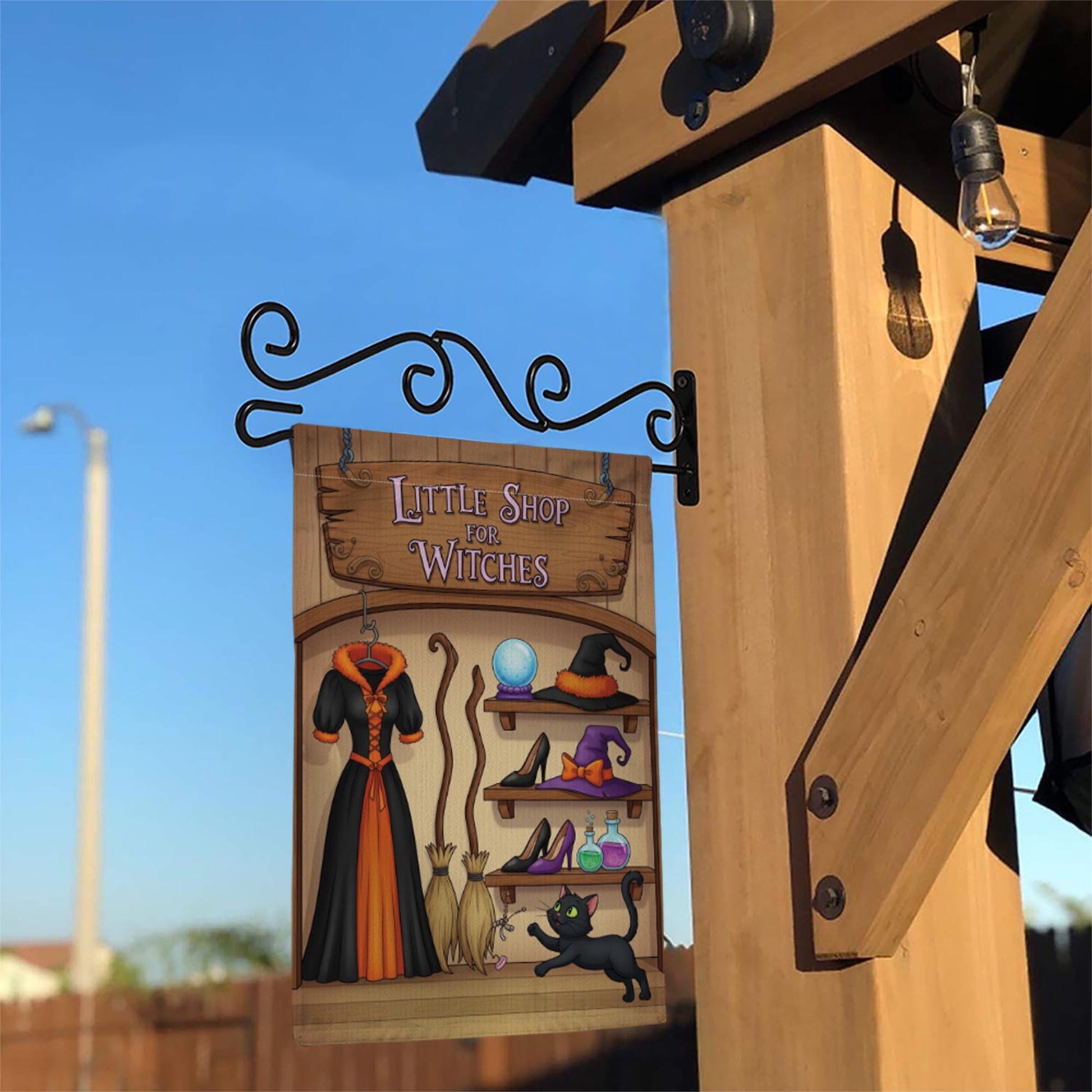 Little Shop of Witches Garden Flag - Halloween Witch Decor - Spooky Outdoor Yard Sign - Cute Black Cat & Hat Banner
