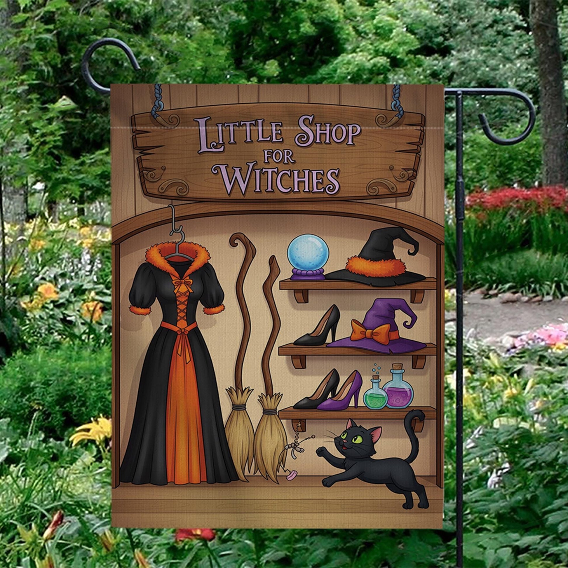 Little Shop of Witches Garden Flag - Halloween Witch Decor - Spooky Outdoor Yard Sign - Cute Black Cat & Hat Banner