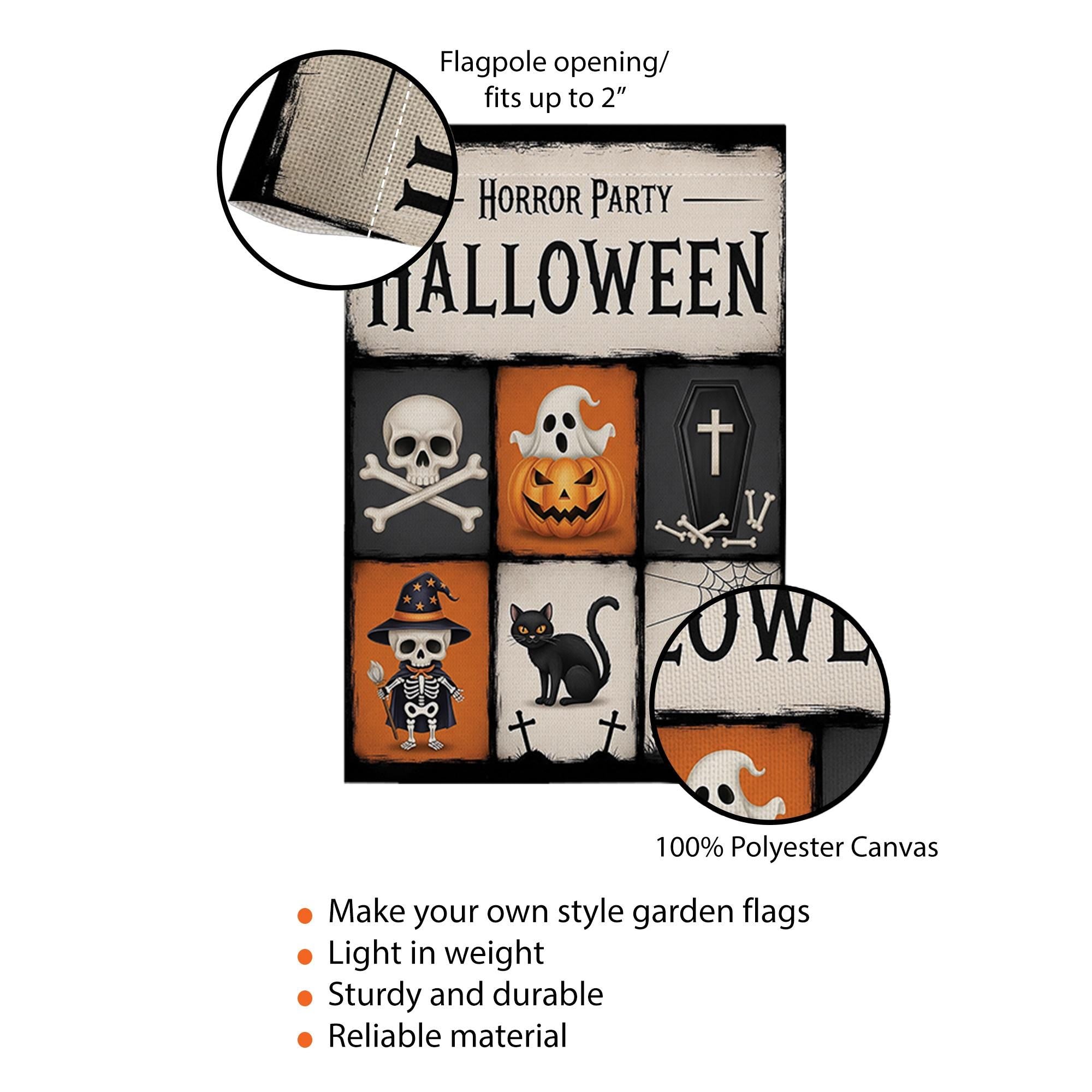 Horror Party Halloween Garden Flag - Spooky Skeleton & Pumpkin Yard Sign - Trick or Treat Outdoor Decor - Graveyard Theme Banner