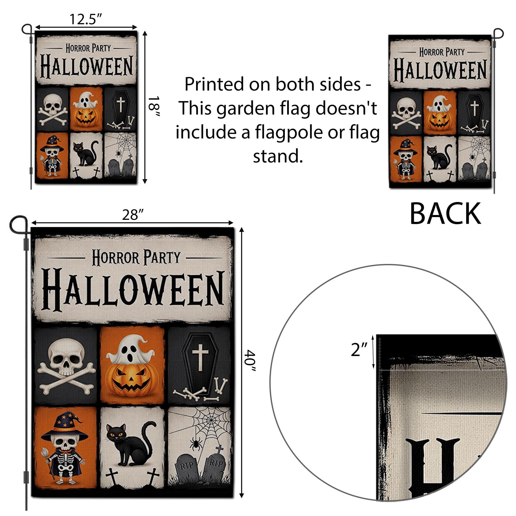 Horror Party Halloween Garden Flag - Spooky Skeleton & Pumpkin Yard Sign - Trick or Treat Outdoor Decor - Graveyard Theme Banner