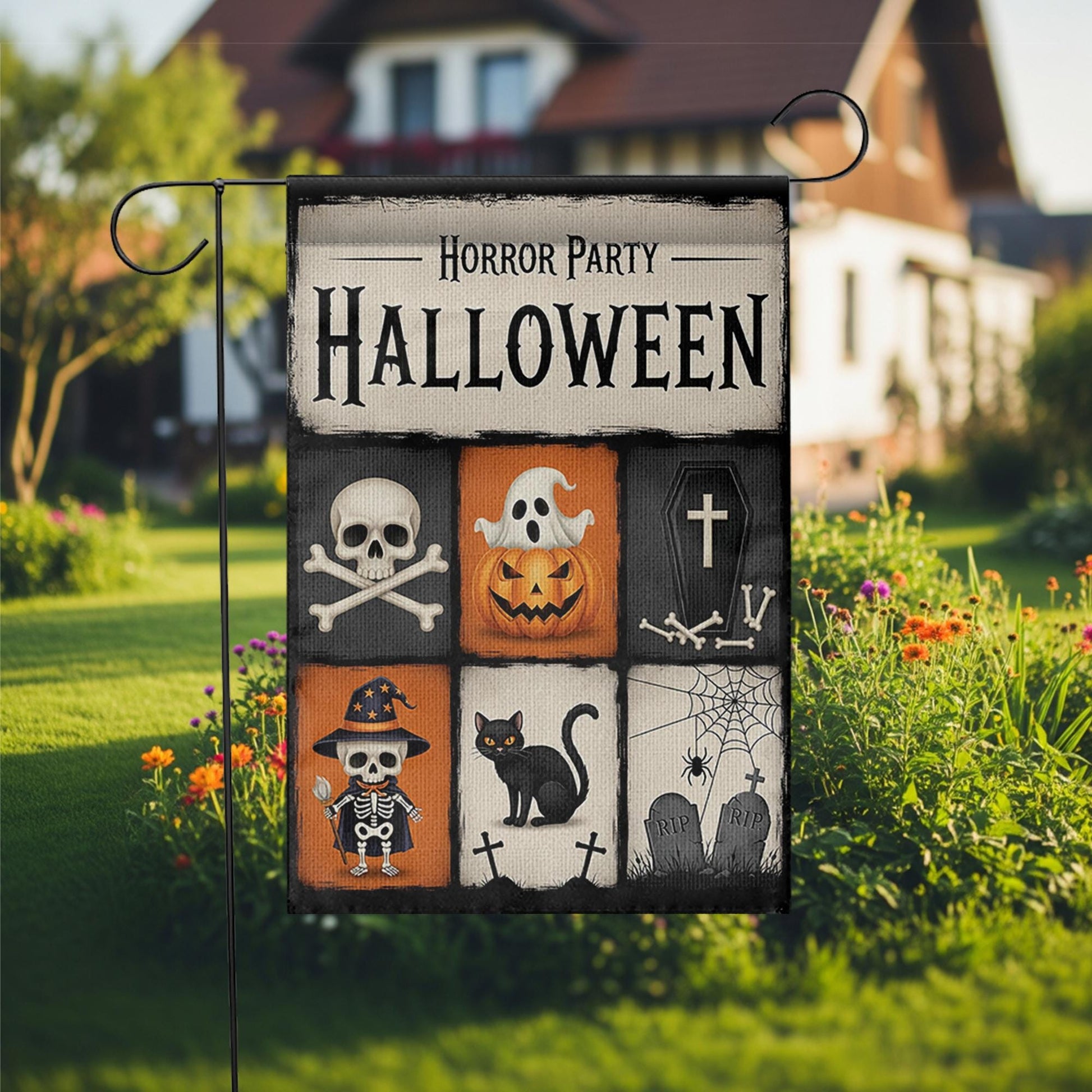 Horror Party Halloween Garden Flag - Spooky Skeleton & Pumpkin Yard Sign - Trick or Treat Outdoor Decor - Graveyard Theme Banner