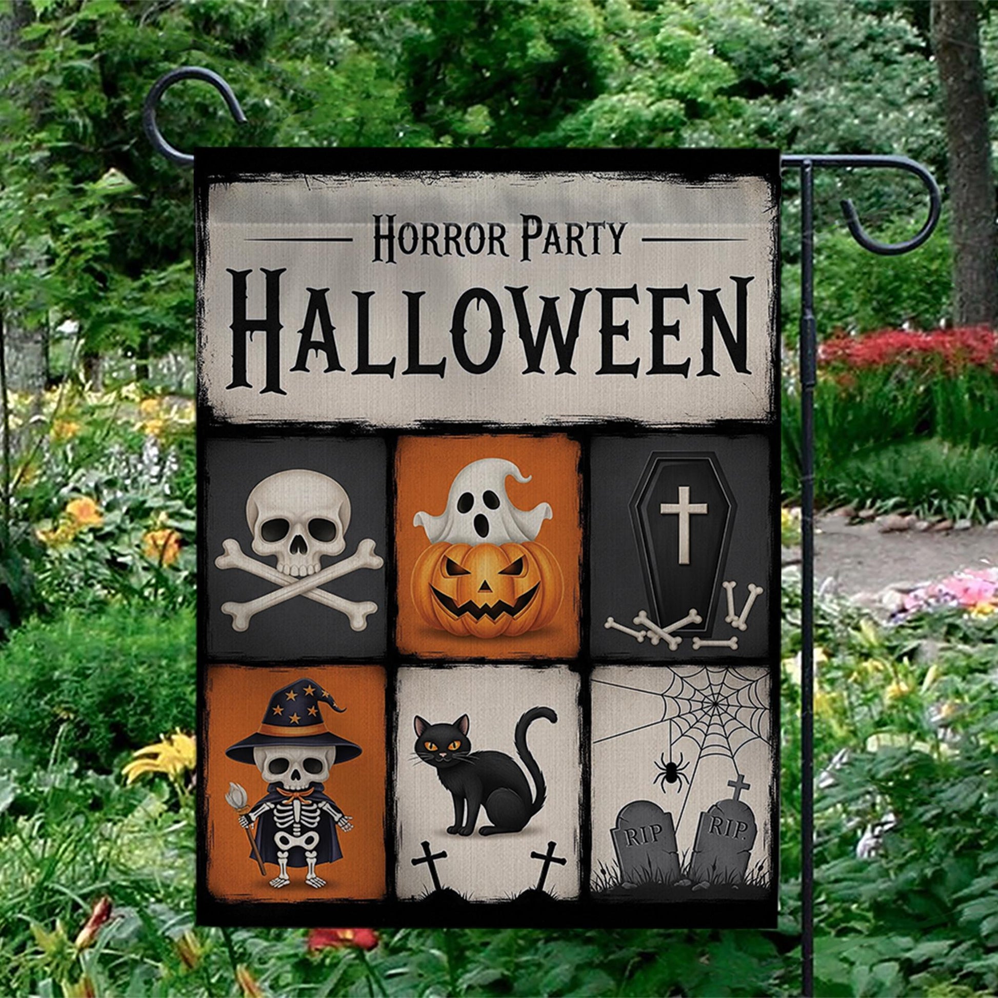 Horror Party Halloween Garden Flag - Spooky Skeleton & Pumpkin Yard Sign - Trick or Treat Outdoor Decor - Graveyard Theme Banner