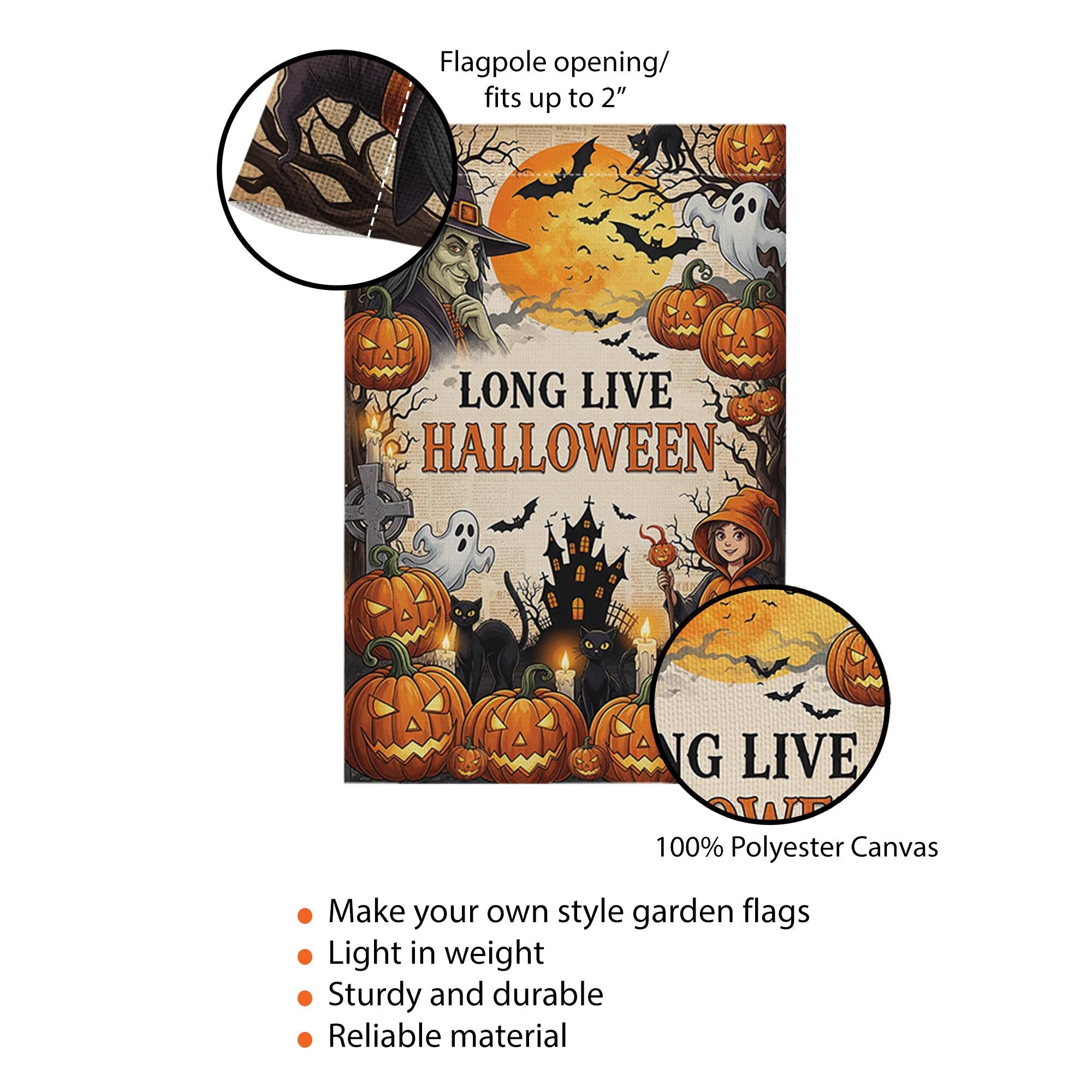 Long Live Halloween Garden Flag - Vintage Witch & Pumpkin Yard Sign - Spooky Haunted House Outdoor Decor - Trick or Treat Banner